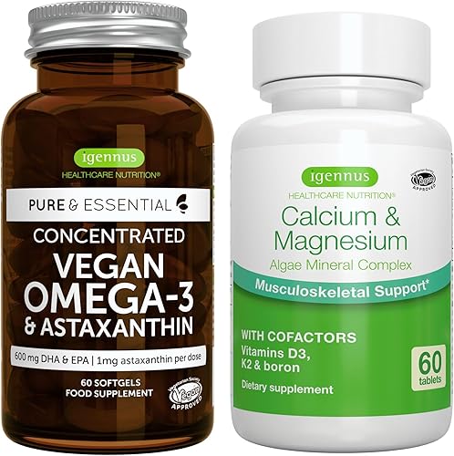 Paquete vegano de Omega-3 + complejo de calcio y magnesio vegano, aceite de algas EPA y DHA sostenible, 1340 mg + complejo mineral de algas a base