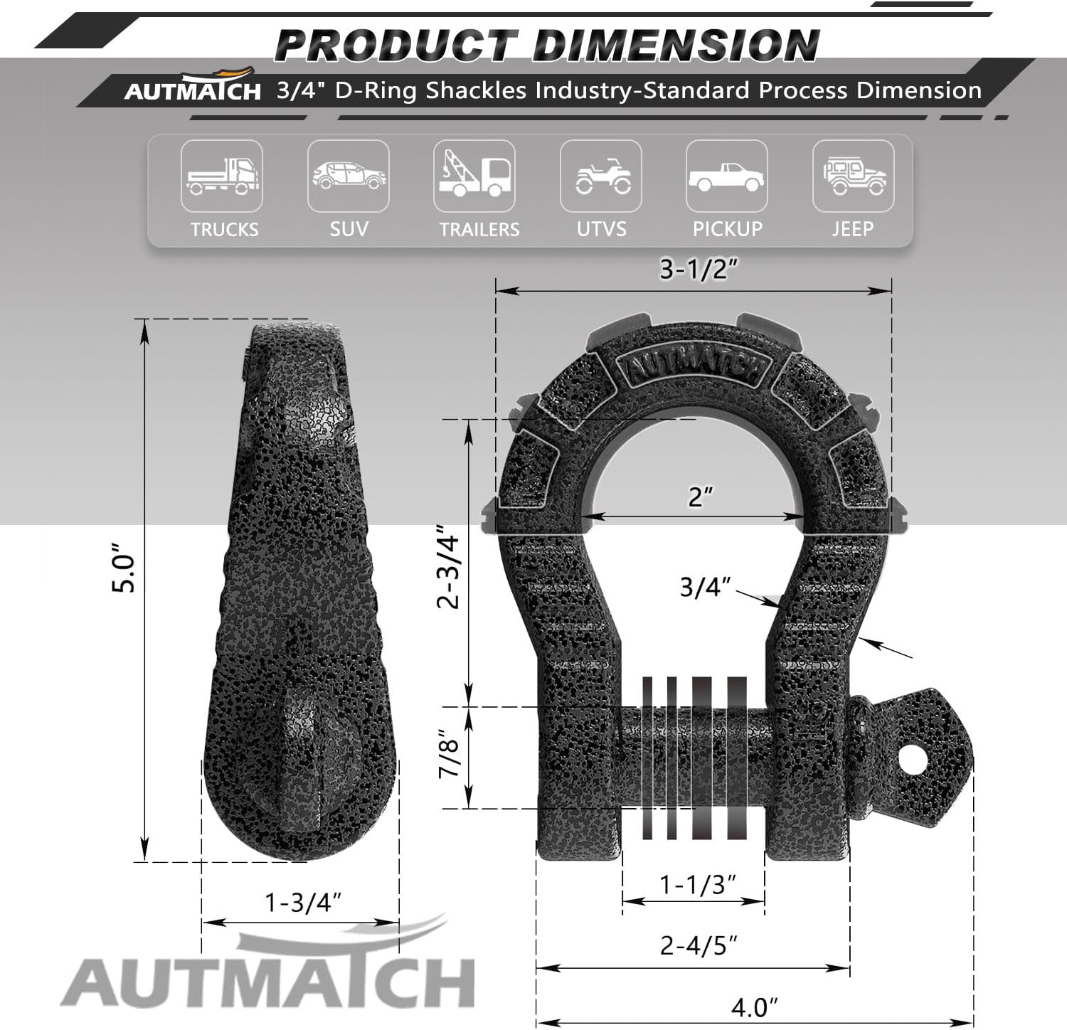 AUTMATCH D Ring Shackles 3/4" Mega Shackle (2 Pack) 68,000Ibs Break Strength - Heavy Duty Clevis Shackles 7/8" Screw Pin & Isolator Washer for Tow Strap Winch Off Road Vehicle Recovery, Grainstone