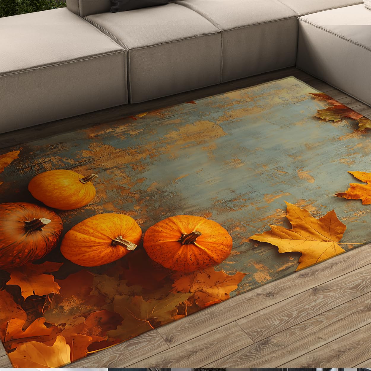 Tapis feuilles d'érable et citrouilles 200x300cm en textile lavable pour grand séjour