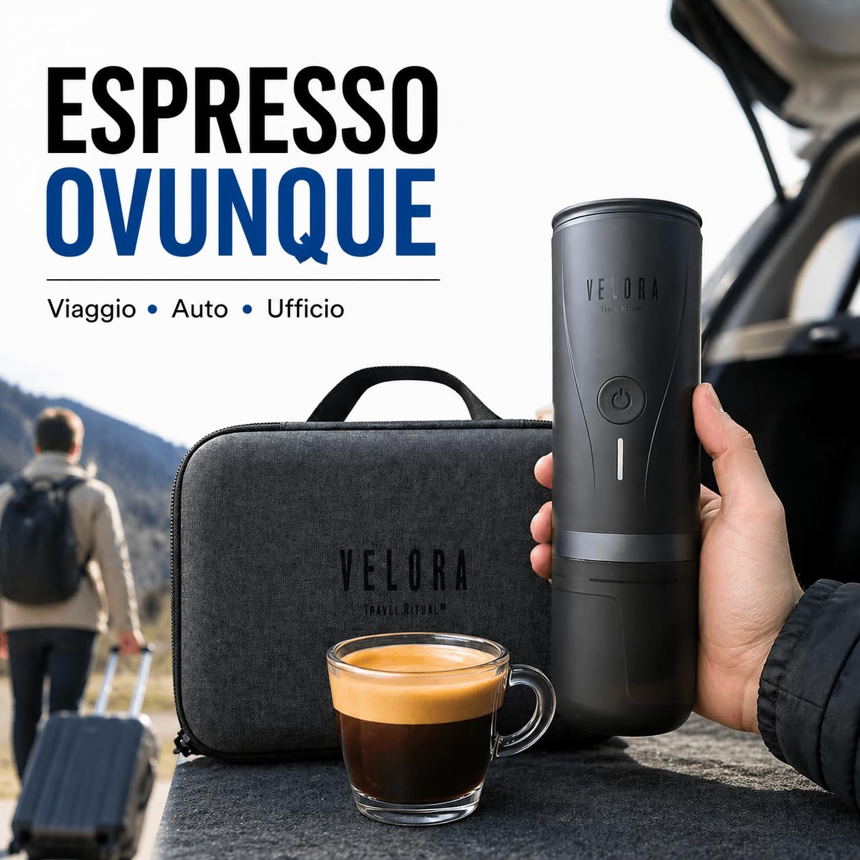 Generico VeloraTravelRitual Macchina Caffè Portatile – Espresso Ovunque, Compatibile Capsule e Macinato, Ricarica USB, Ideale per Auto, Viaggi, Camper e Outdoor