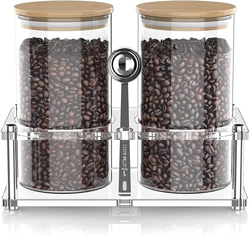 Contenedores de café de vidrio con estante acrílico, 2 recipientes de almacenamiento de alimentos de 44 onzas con tapas herméticas para cocina,