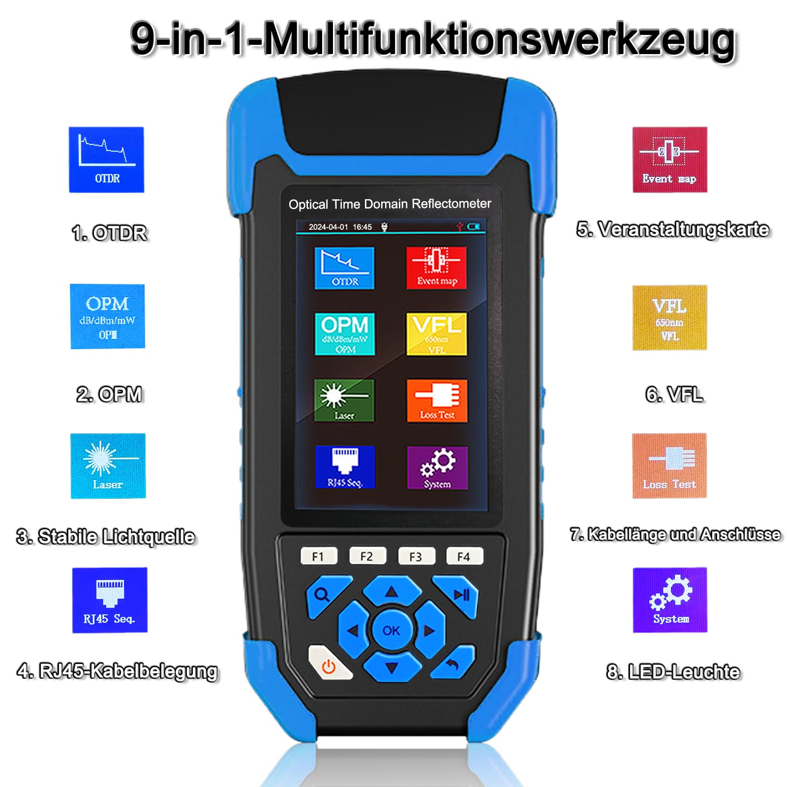 OTDR-Glasfaser-kabel-tester, 9-in-1-MultiFunktion OTDR für FTTx 1310/1550nm, 24/22dB, Bis 60KM, Optisches Zeitdomänenreflektometer mit VFL, OPM, OLS