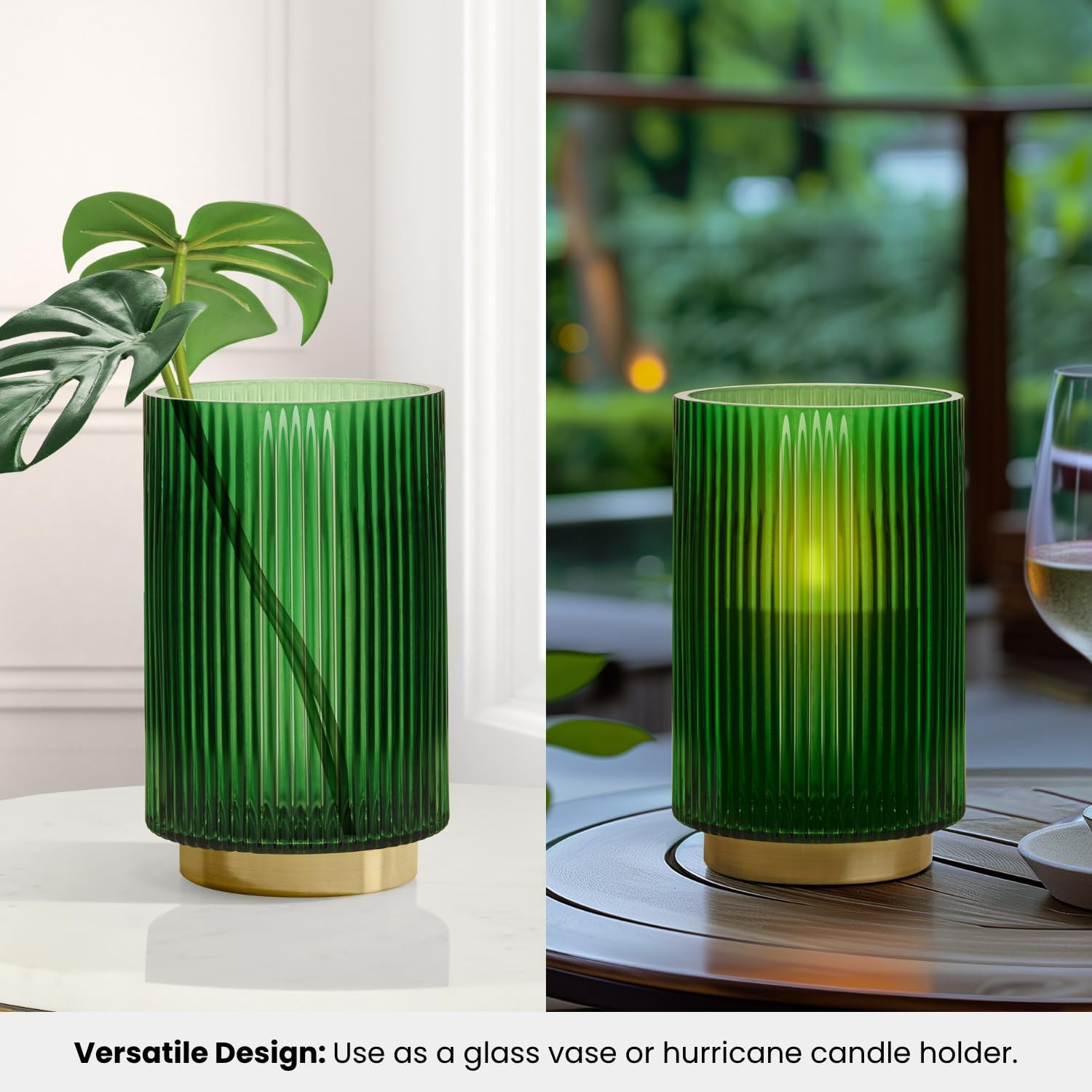 Torre & Tagus Adele Emerald Green Glass Vase with Gold Metal Base - Premium Clear Glass Cylinder Vase for Decor & Ribbed Glass Vase for Flowers, Emerald Green and Gold Decor for Table Centerpiece