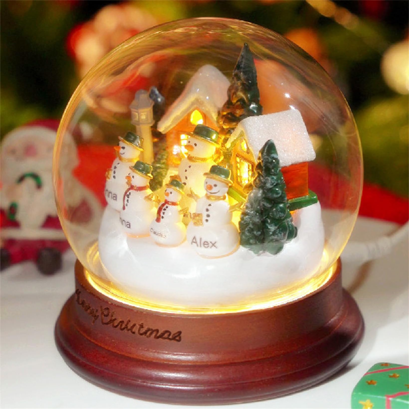 Bola de cristal personalizada de muñeco de nieve con 1-8 nombres, globos de nieve de Navidad con luces, decoración del hogar de mesa de Navidad, regalo para familia, abuela, mamá, abuelo (lámpara de
