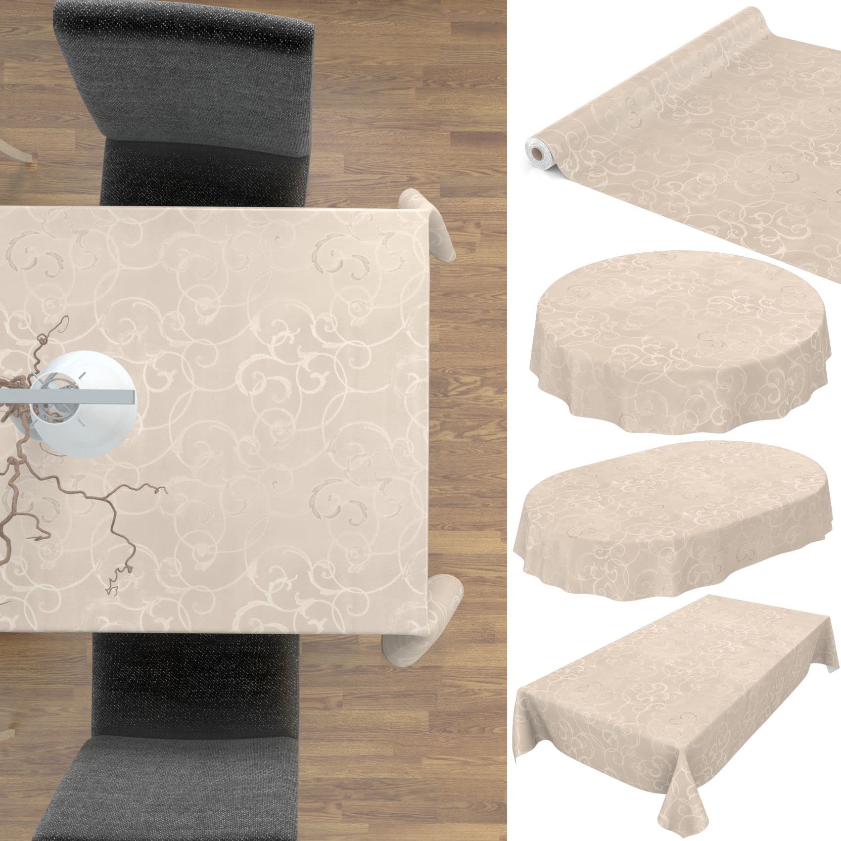 Premium Wachstuchtischdecke Tischdecke Vinyl Wachstischdecke abwaschbar 280x150cm Damast Creme Champagner edel abwischbar
