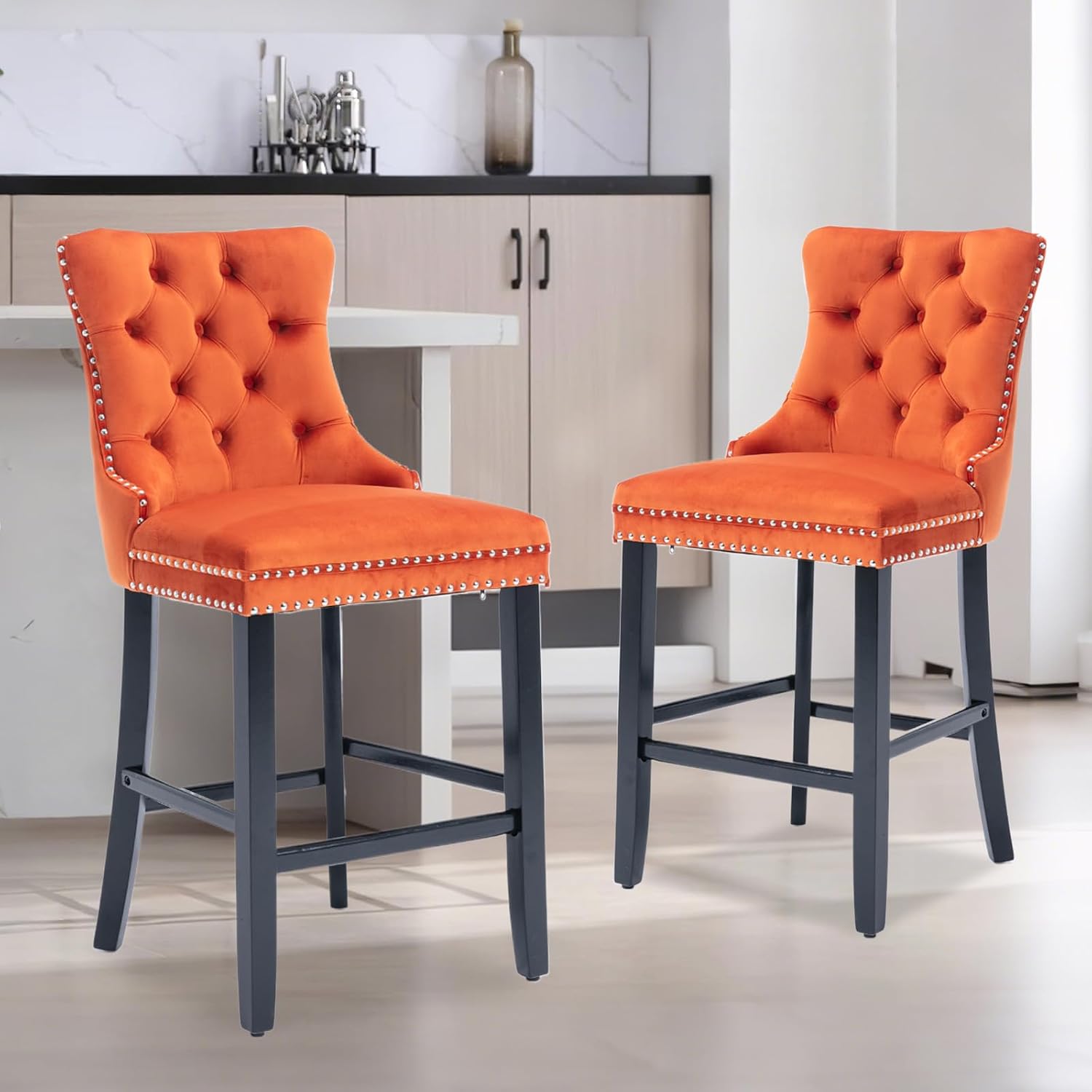 Elegant Velvet Bar Stools Set of 4,Delicate Upholstered Counter Height Barstool with Backrest,Wooden Legs Design for Kitchen Islands & Pubs(Orange)