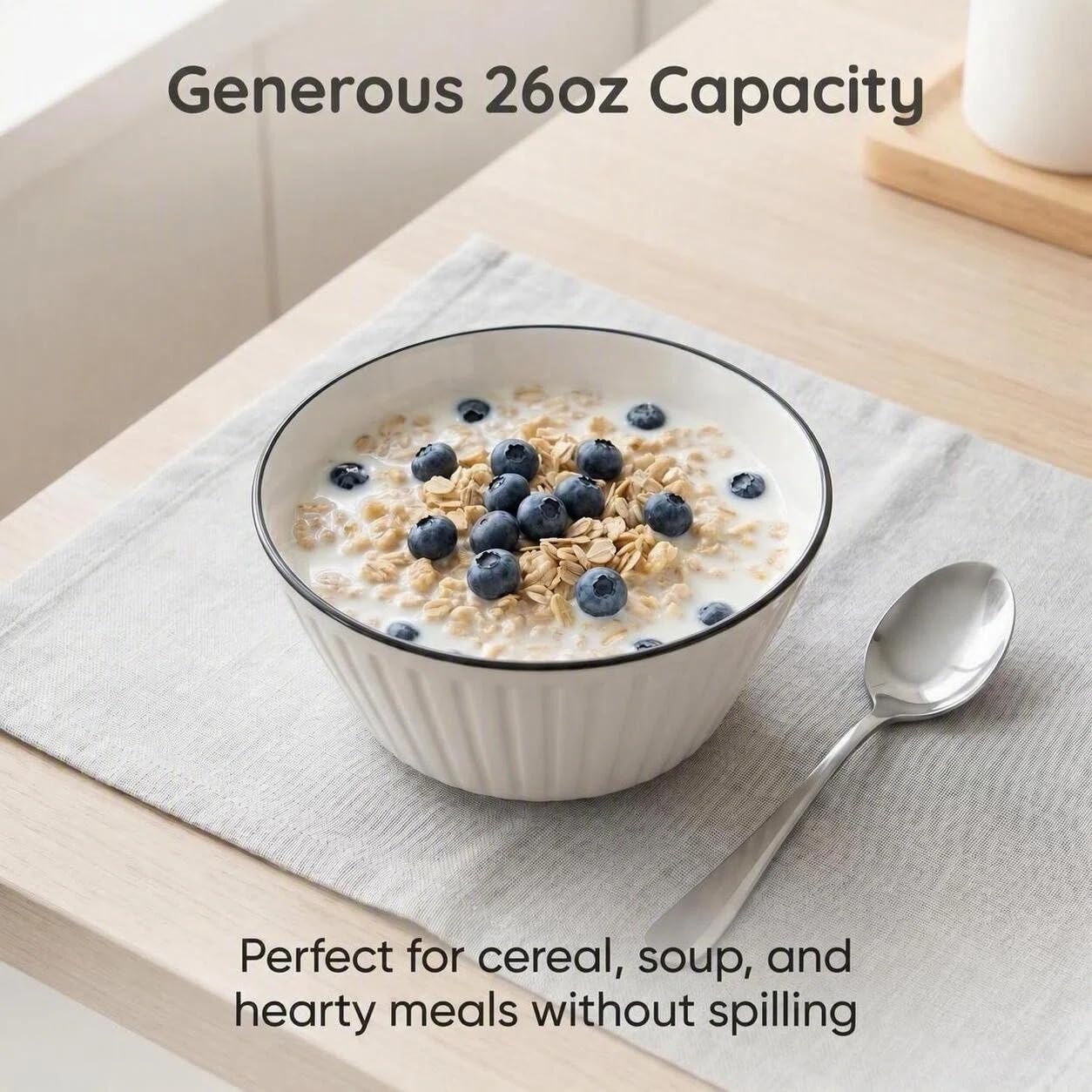 White Ceramic Serving Bowls Set of 4 – 26oz Stoneware Salad & Soup Bowls, Microwave and Dishwasher Safe, Ideal for Everyday Kitchen Use and Dinner Parties