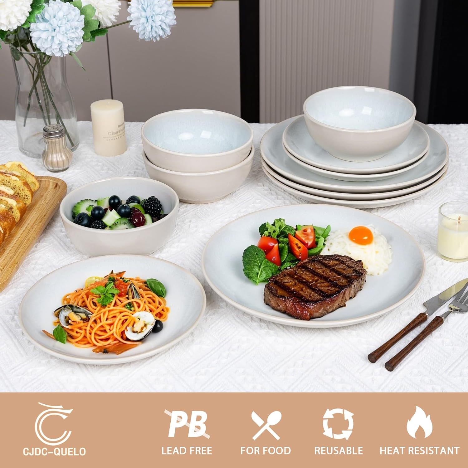 Plates and Bowls Sets for 4 - CJDC-QUELO 16-Piece Stoneware Dinnerware Sets, Ceramic Dishware Set for Kitchen Use and Formal Dining, Chip and Scratch Resistant Microwave Dishwasher Safe, Off White - Image 4