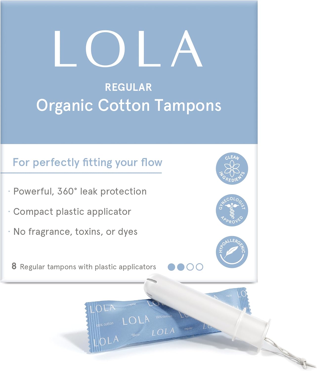 LOLA Organic Cotton Tampons, 8 Count Tampons Regular, Period Feminine Hygiene