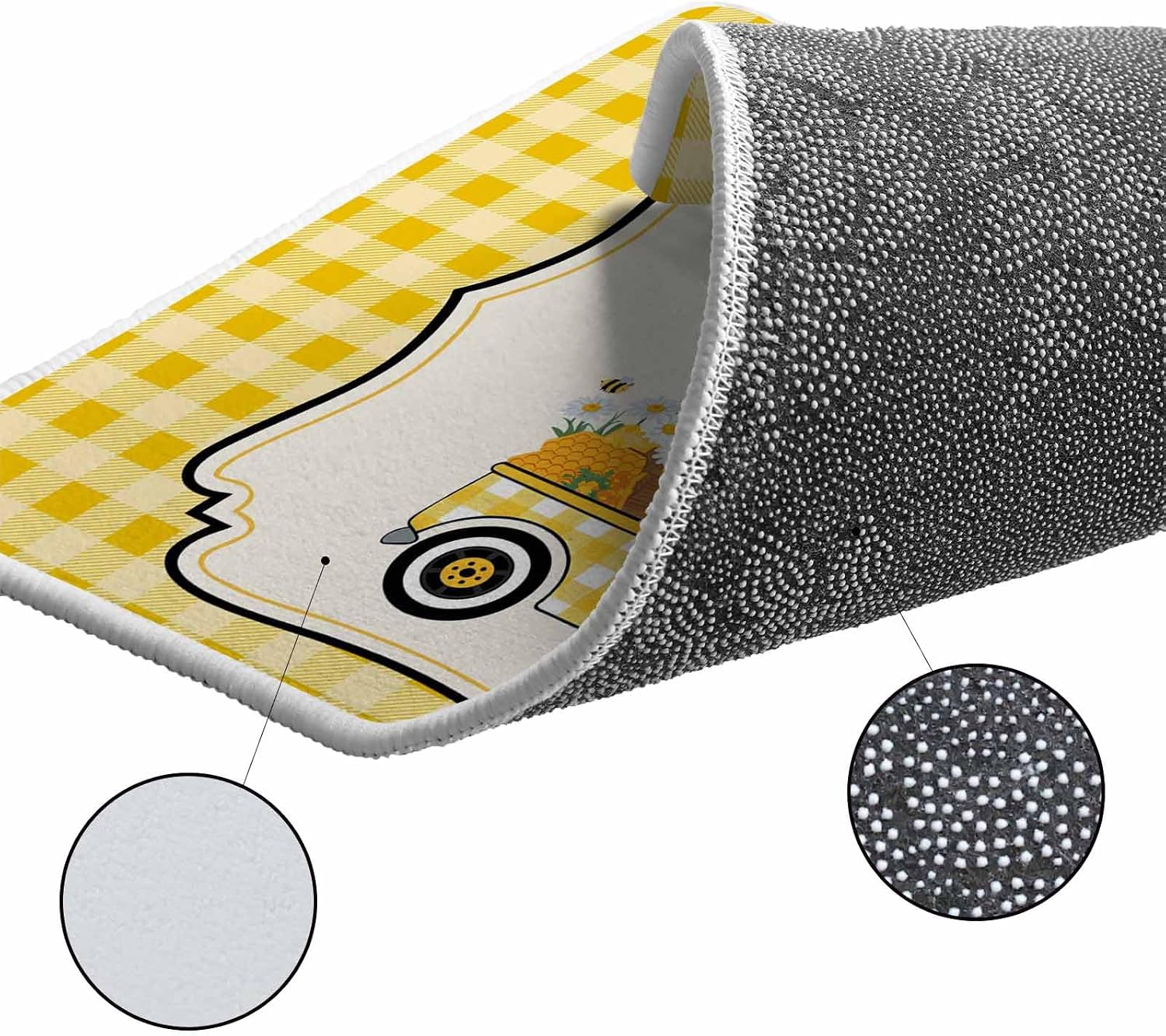 Yellow Truck Kitchen Rugs and Mats Set of 2, Non-Slip Kitchen Sink Mat, Spring Bees Honey Daisy Buffalo Plaid Washable Doormat Bathroom Rugs Runner for Bedroom/Living Room 17.7"x30"+17.7"x47.2"