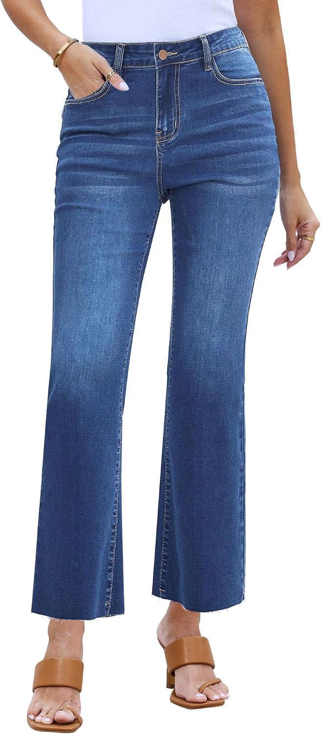 GRAPENT Flare Jeans for Women High Waisted Trendy Cropped Jeans Stretchy Denim Pants Raw Hem Ankle Trouser Jeans Pockets