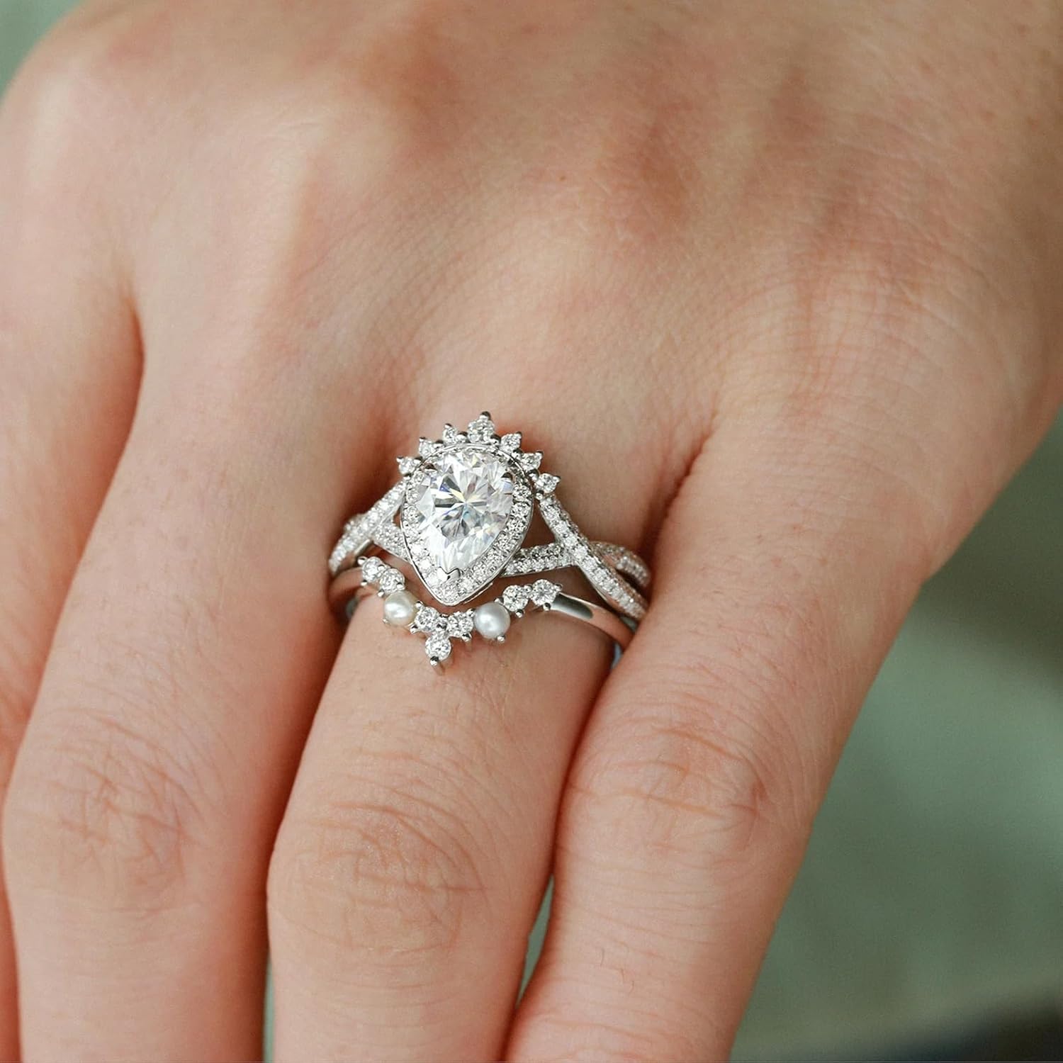 1-3 Ct Pear Cut Moissanite Engagement Ring Set for Women, Sterling Silver/10K/14K/18K Custom Engraved Moissanite Wedding Ring Set, Bridal Sets Pear Shaped Moissanite Rings for Women Promise Anniversary Ring for Wife and Her