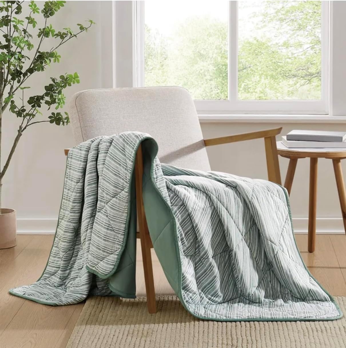 Cooling Throw Blanket, Green and White Striped Pattern, Reversible Design, 60x70 Inches