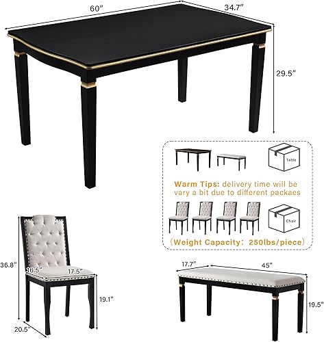 Miniatura 3 de Merax Juego de mesa de comedor de 6 piezas, mesa rectangular de madera maciza de 60 pulgadas con 4 sillas tapizadas y 1 banco, casa de campo moderna