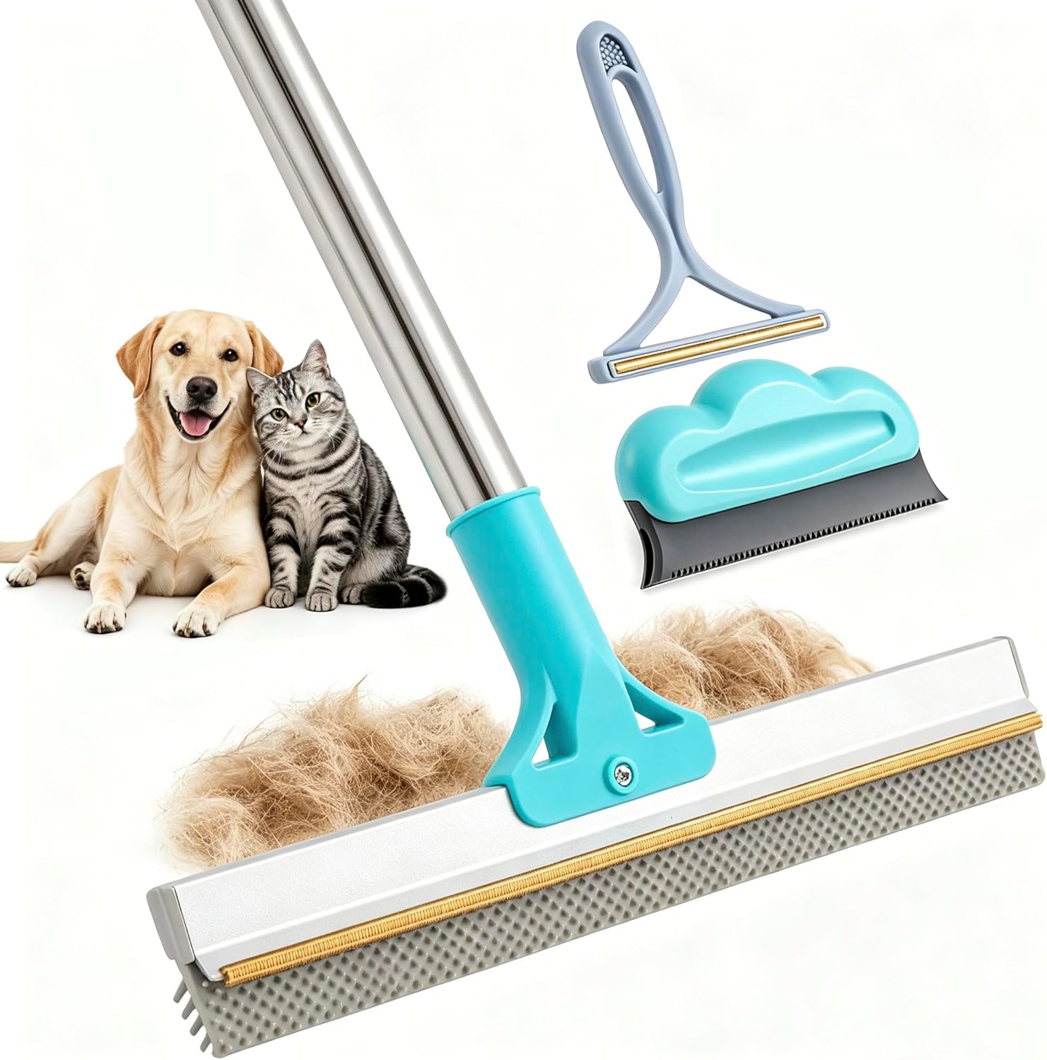 Carpet Rake for Pet Hair Removal Tool, Cat & Dog Pet Hair Remover Broom with 54” Adjustable Long Handle, Reusable Carpet Brush Rake for Rugs, Mats, Couch, Furniture
