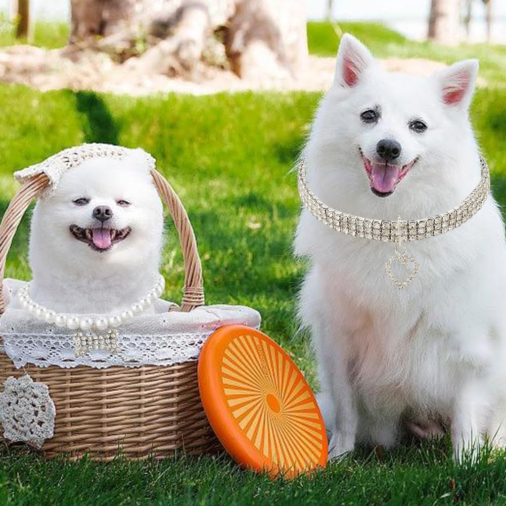 CREATCABIN 2 pz 2 Stili Collana per CaniStrass Bling Collana per Animali Domestici Regolabile Fiocco Bianco Perle Finte Fiocco Cani Osso Cuore Ciondolo Collari per Gatti Cucciolo Festa 28cm; 25.8cm