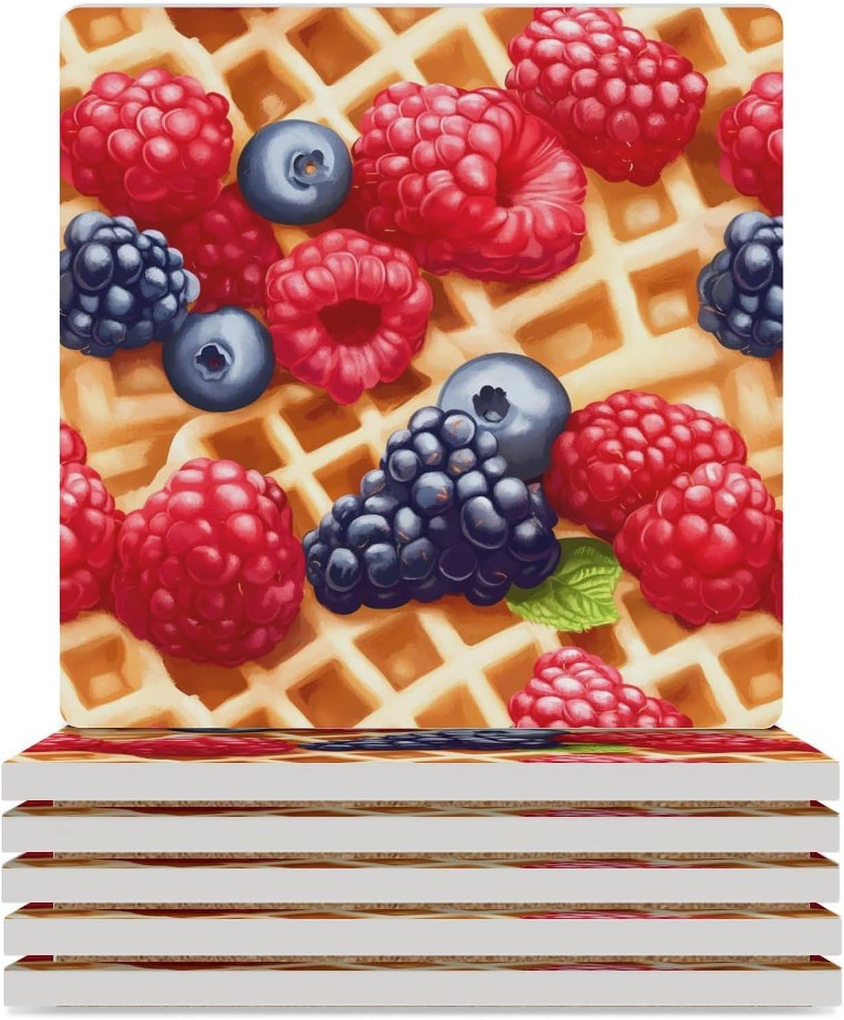 Waffle with Berries Funny Ceramic Coasters for Drinks Absorbent Cup Holder Tabletop Protector with Cork Base