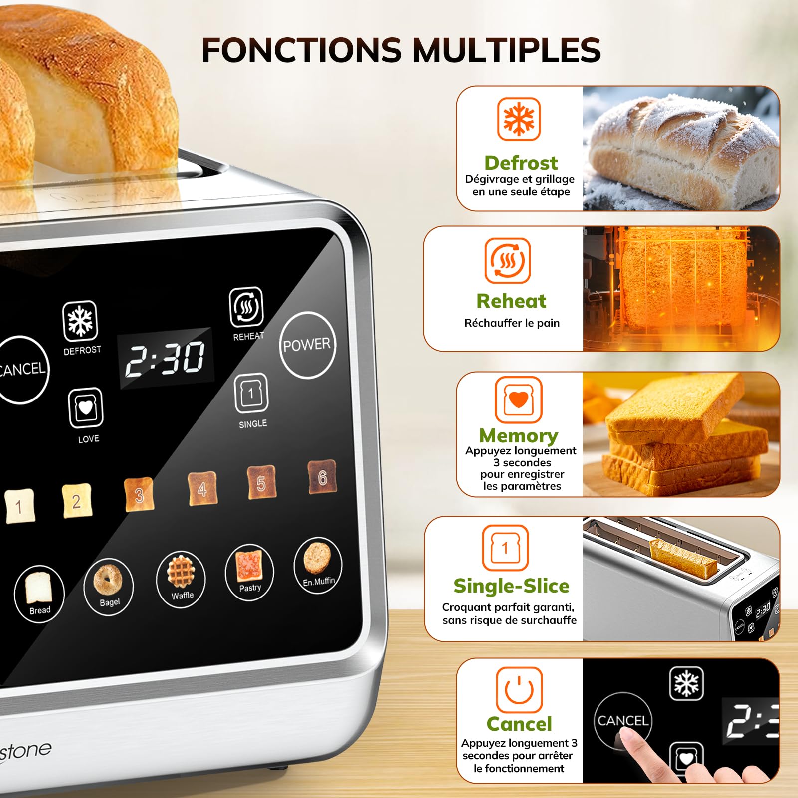 Keenstone Grille-pain 4 Tranches, Intelligent Écran Tactile, Mémoire, Grillage d’Une Tranche, Minuterie, Réchauffage/Dégivrage pour Bagels, Muffins, Essentiel Acier Inoxydable