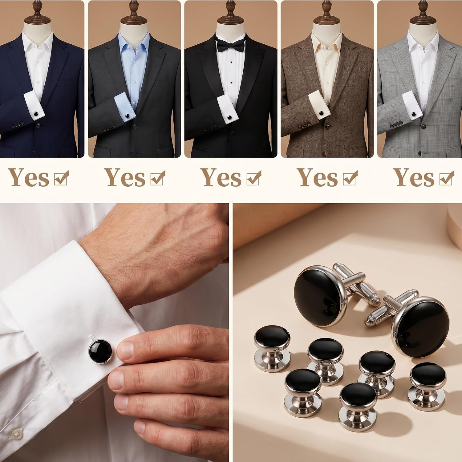 Tuxedo Studs and Cufflinks Set, Black Cufflinks for Men