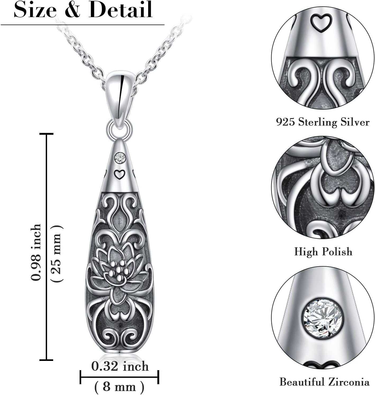 Flower Urn Necklace for Ashes 925 Sterling Silver Cylinder Bar Teardrop Shaped Tree of Life Necklaces Cremation Jewelry Ashes Pendant Loved One Keepsake Memorial Jewelry for Women