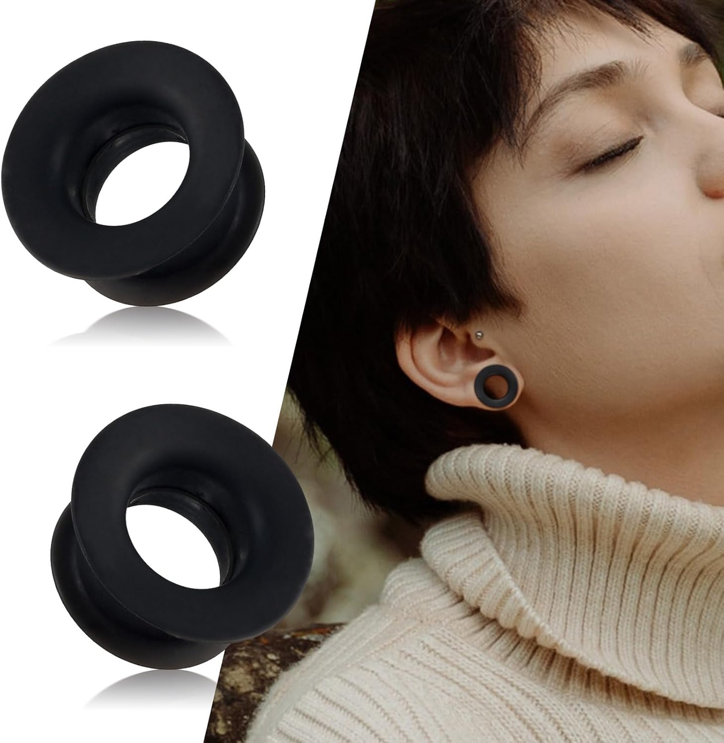 Qmcandy 2 Pairs Black Silicone Ear Gauges Big Flare Flexible Ear Skins Hollow Tunnels Plugs Piercing Jewelry 2G-25mm - Image 6