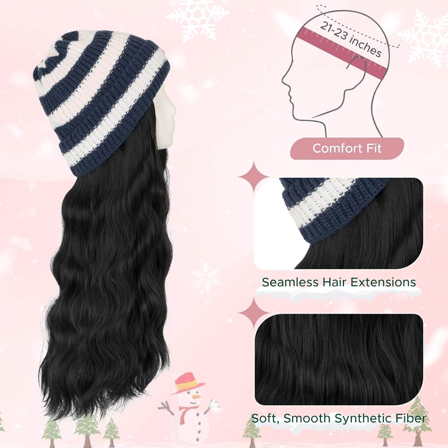 Beanie Wig with Hair, 18 Inch Synthetic Hair Extensions in Wavy Styles, Knitted Winter Hat with Attached Hairpiece for Women, Knit Hat in Blue/White Stripes, #01 Jet black