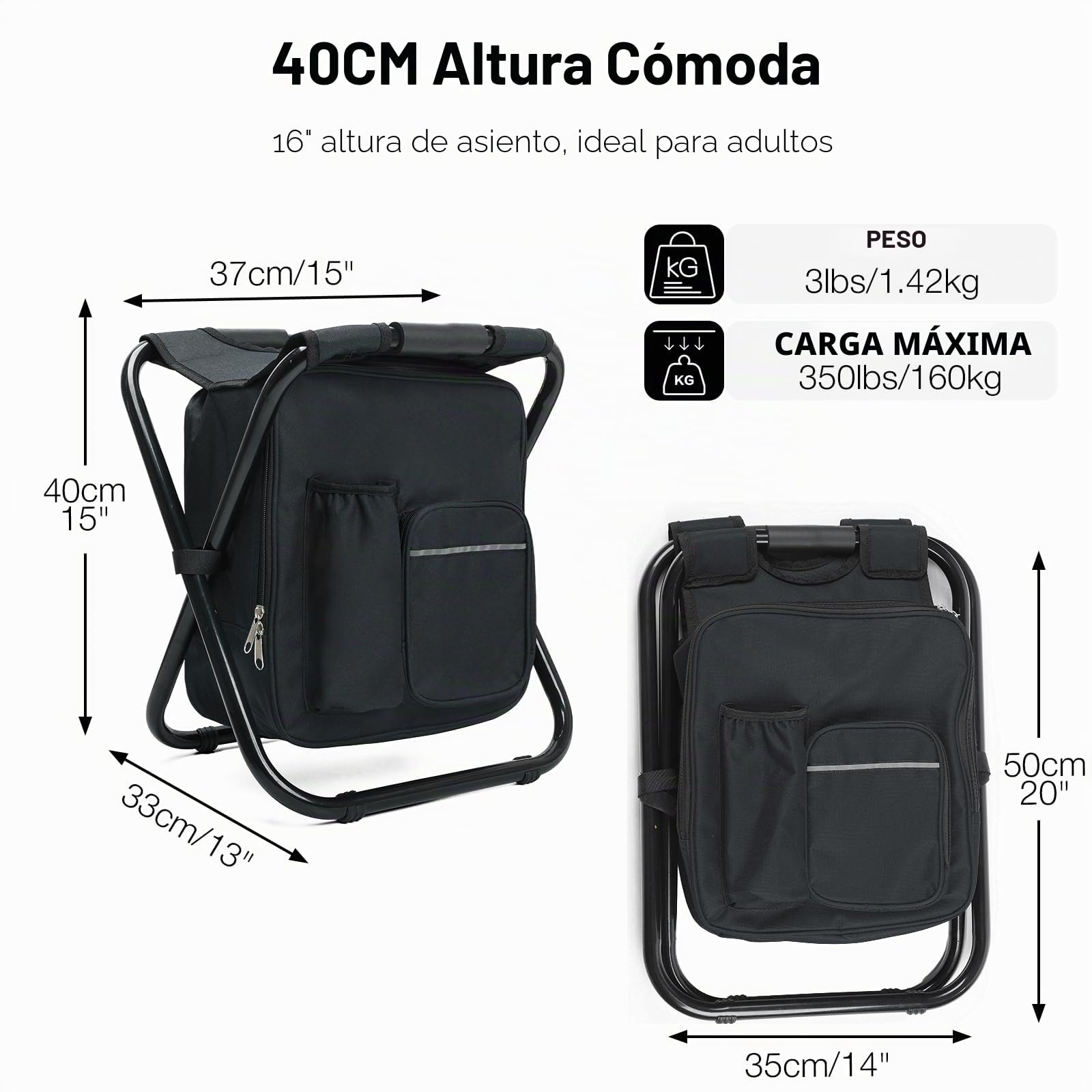 Taburete ligero plegable para mochila, resistente, 350 libras, taburete portátil para camping, pesca, caza, color negro