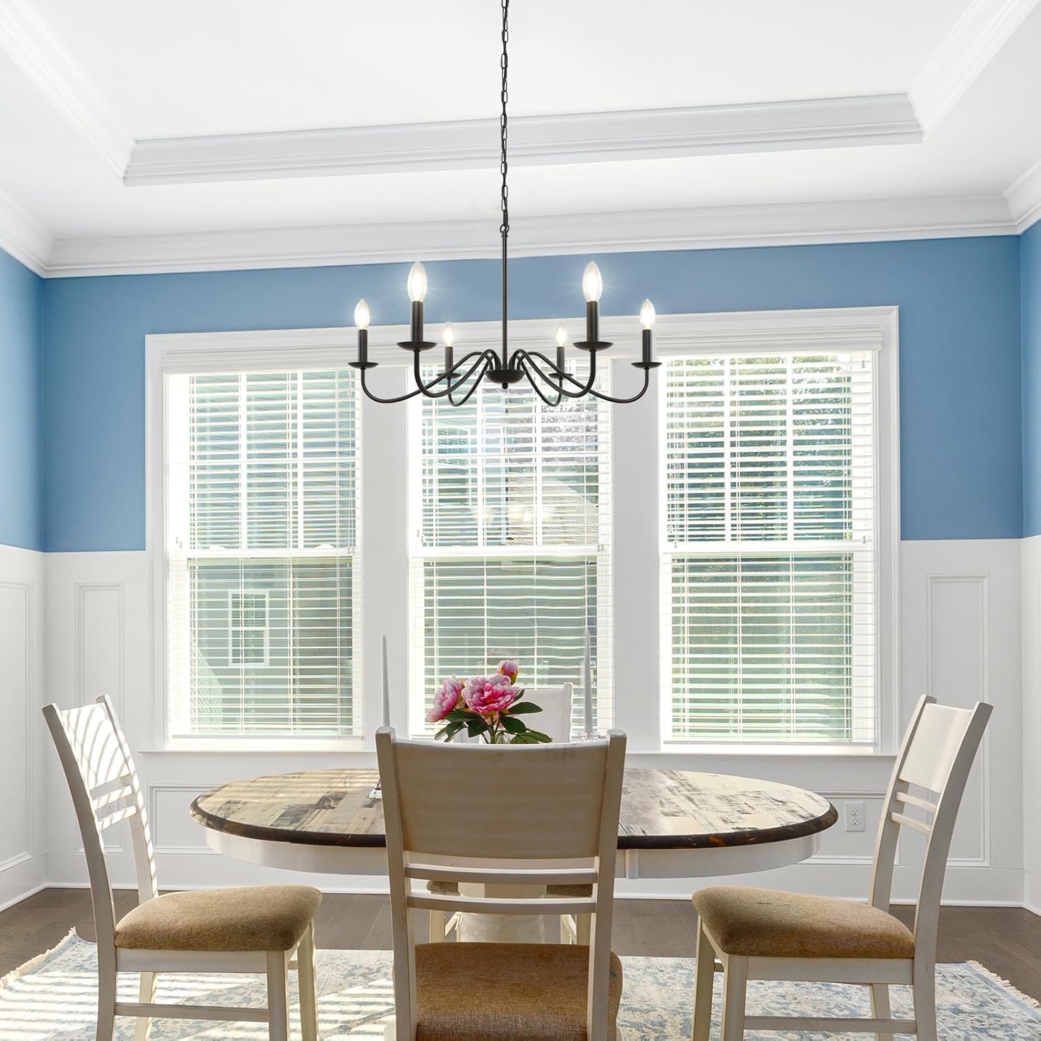 6-Light Black Chandelier for Dining Room, Farmhouse Industrial Chandelier Over Table, Pendant Light Kitchen Island, Candle Light Fixture for Bedroom, Foyer, Hall, Kitchen and Entryway