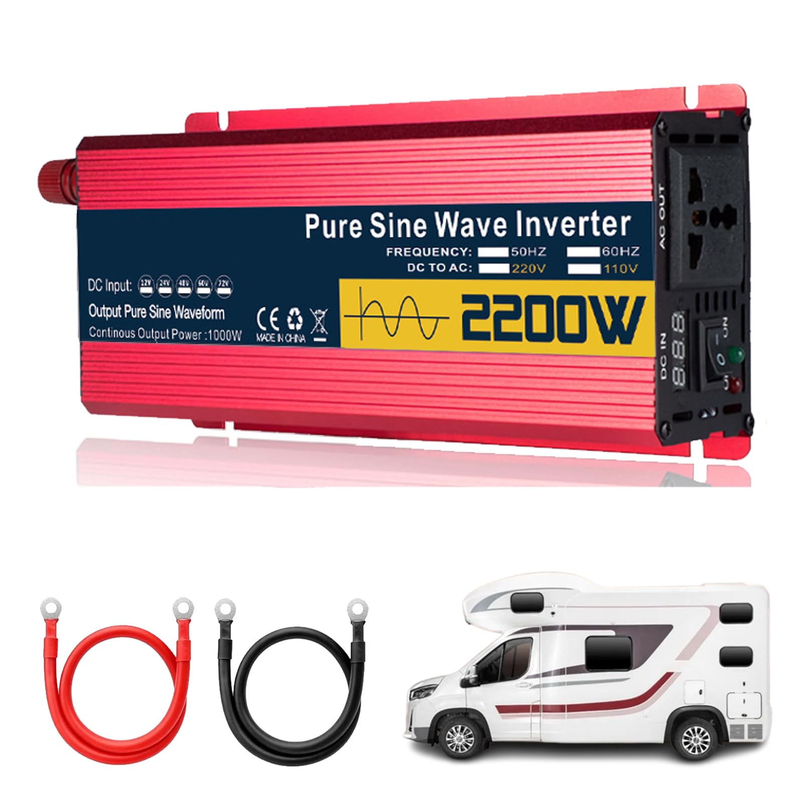 72V to 110V, 2200W DC 72V/60V/48V/24V/12V Pure Sine Wave Inverter Charger DC Input AC Output 120V/230V Off-Grid Solar Power Inverter for Truck, Home, RV, Camping(Size:48V to 110V)