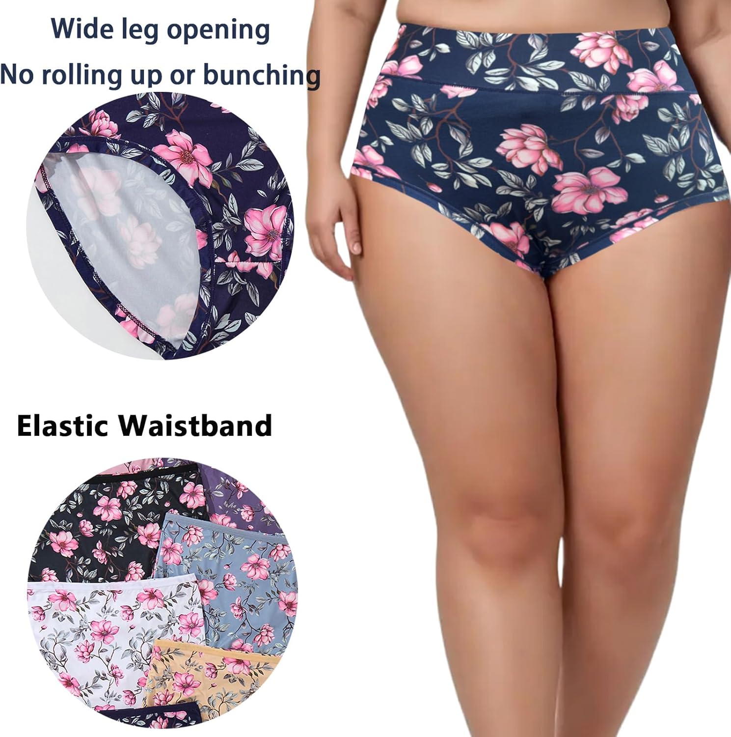 Women’s Plus Size Underwear XL-5XL Ladies Panties Briefs Mid-High Waisted Floral Print 6 Pack Panty Undies - Image 5