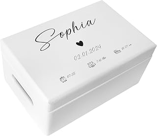 Creative Deco Personalized White Wooden Storage Box Baby Memory Box | 11.8x7.87x5.51in (+-0.5) | Hinged Lid Handles Engraving | Multiple Choice Birth Baptism | Gift | UNSANDED Keepsake Souvenir