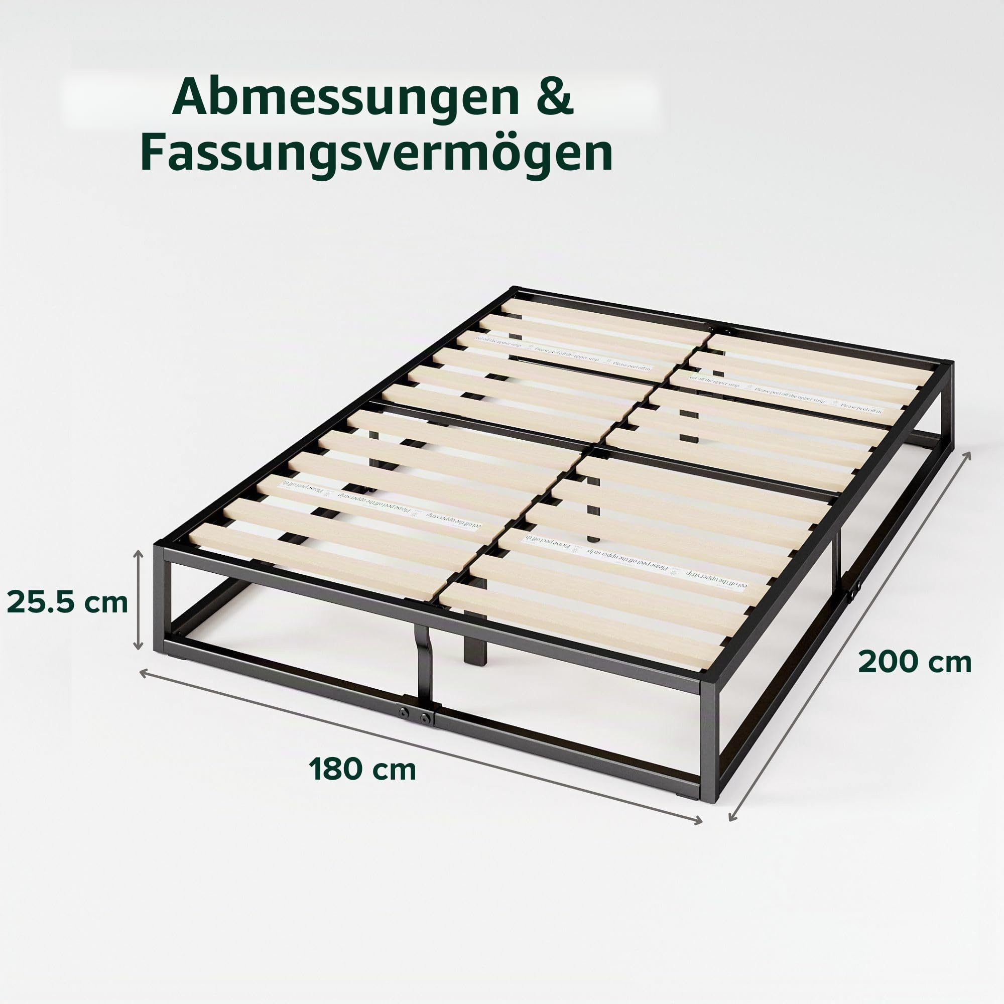 Zinus Joseph Lattenrost, 180 x 200 cm, mit Holzlatten, Kingsize-Bettgestell aus Metall, Höhe 25 cm, für Aufbewahrung, einfache Montage, Schwarz