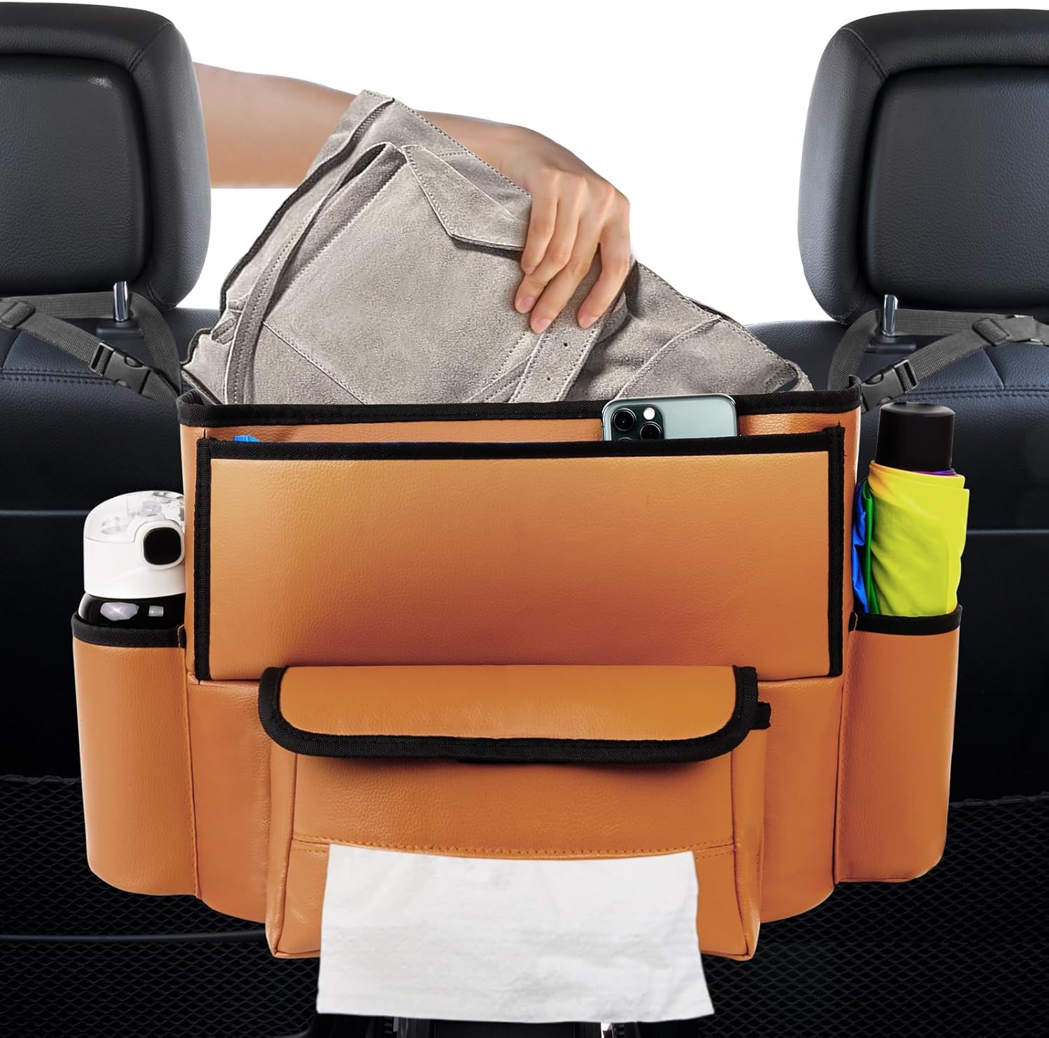 Car Purse Holder Between Seats, Car Seat Purse Handbag Holder, Automotive Consoles Organizers Storage Barrier Car Interior Accessories, Leather Large Capacity (Brown)