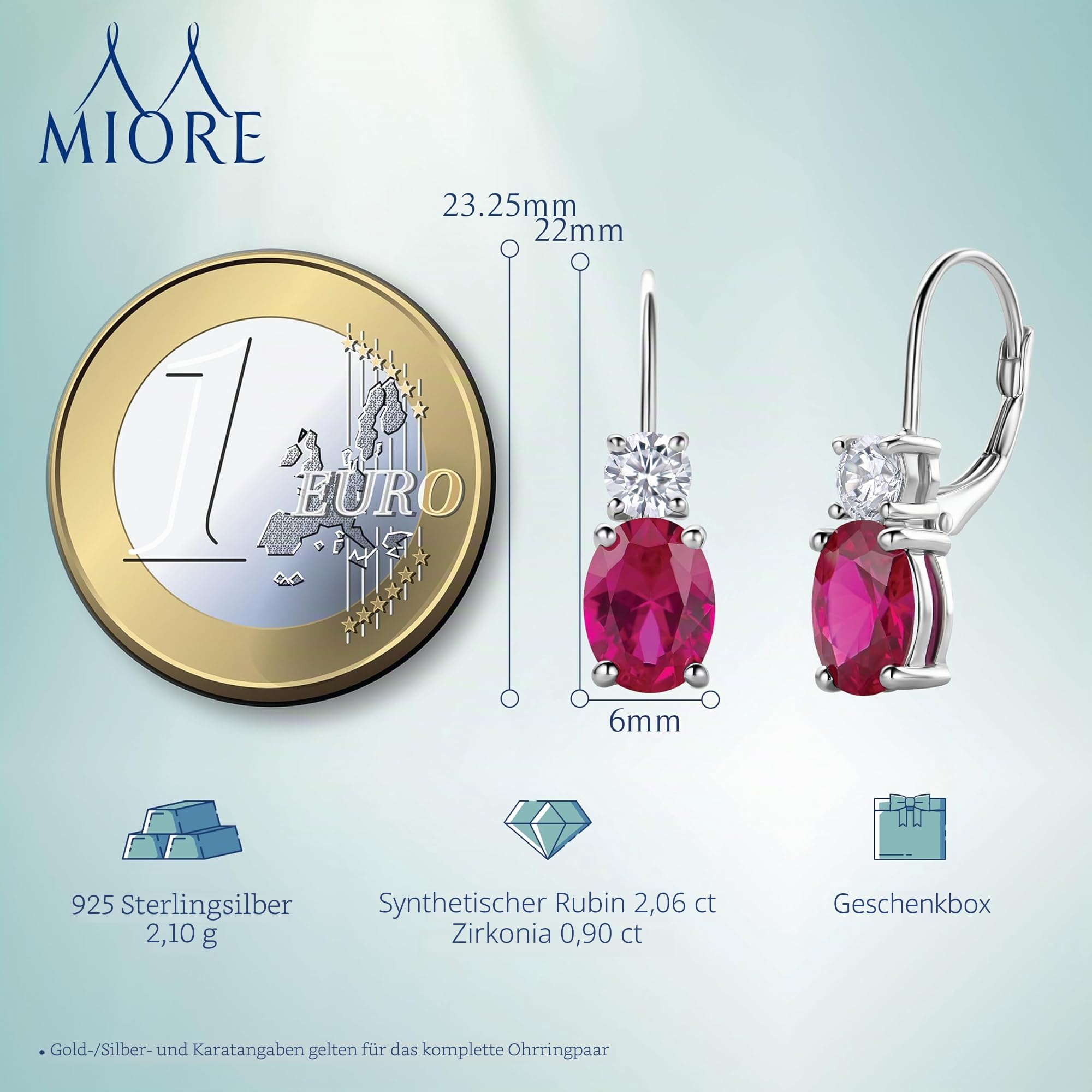 MIORE Schmuck, Ohrhänger Damen, Ohrringe Silber 925, Damenohrringe mit Smaragd/Rubin und Zirkonia, Creolen Silber 925, Ohrschmuck