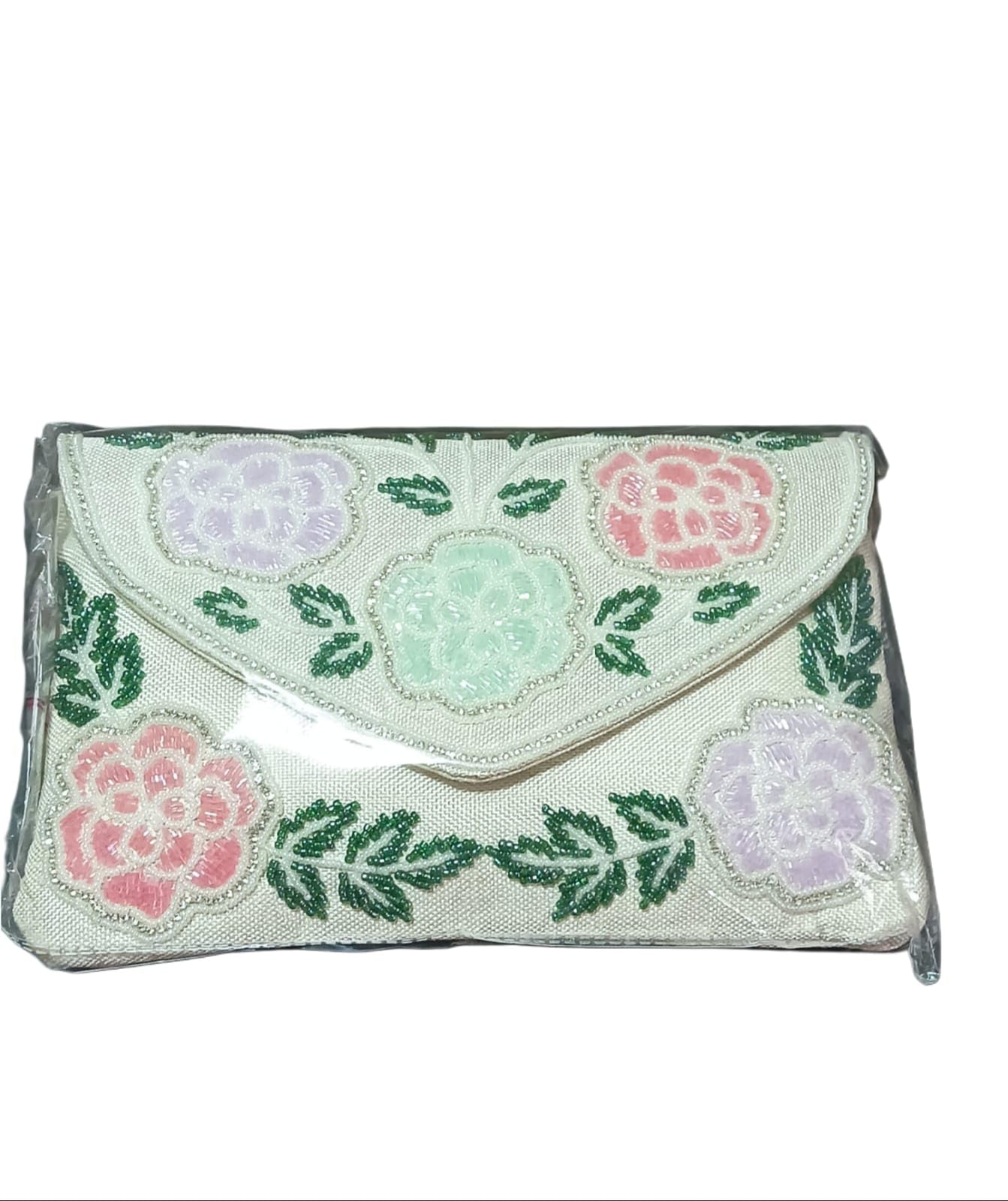 Hand Embroidered Floral Clutch Purse with Bead Embroidery, Pastel Pink, Lavender and Mint Green-picture-16