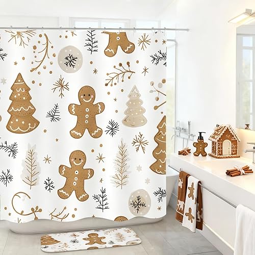 Miniatura 11 de Cortina de ducha Feliz Navidad, Papá Noel, renos, árbol de Navidad, copos de nieve, cortinas de baño impermeables de vacaciones de invierno, tela de