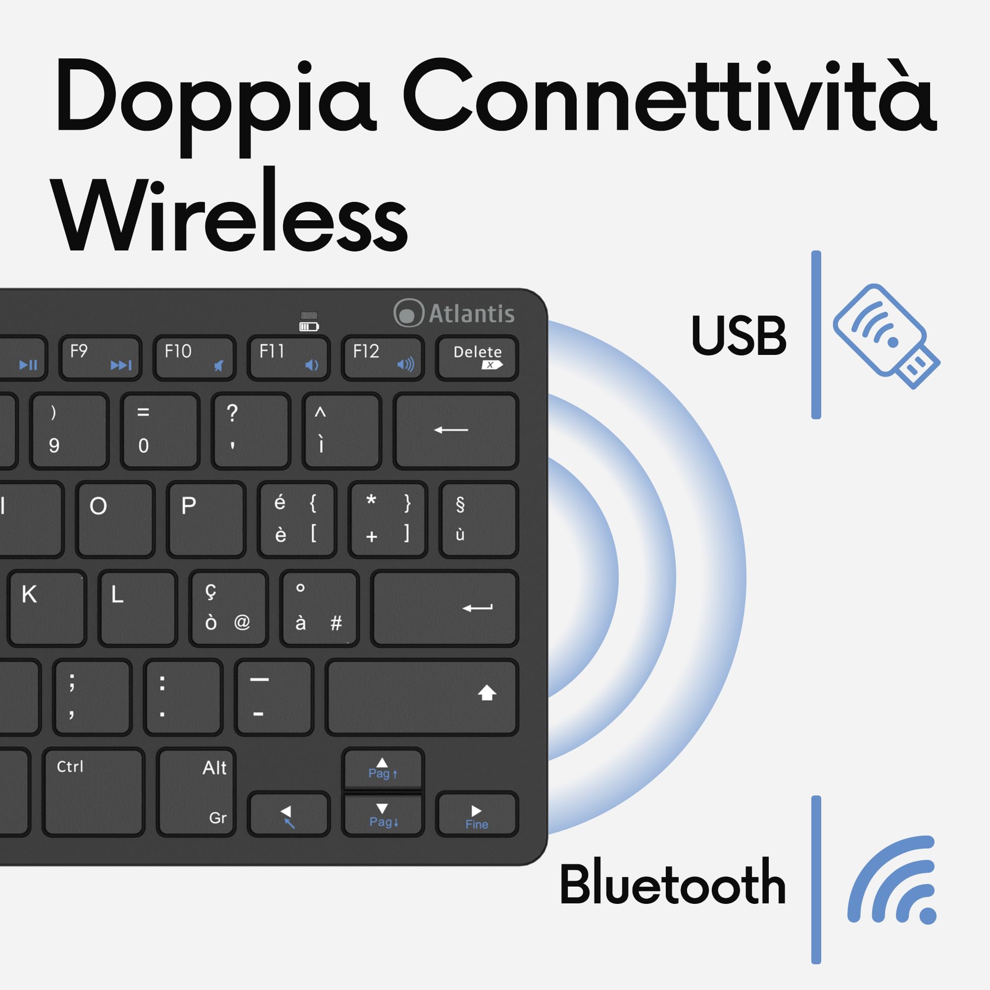 Atlantis ARGO 900 Mini Ultraslim klawiatura bezprzewodowa RF + Bluetooth, QWERTY 78 klawiszy czekoladowych do PC/notebooka/smartfona, tabletu/iOS/Android, kolor czarny