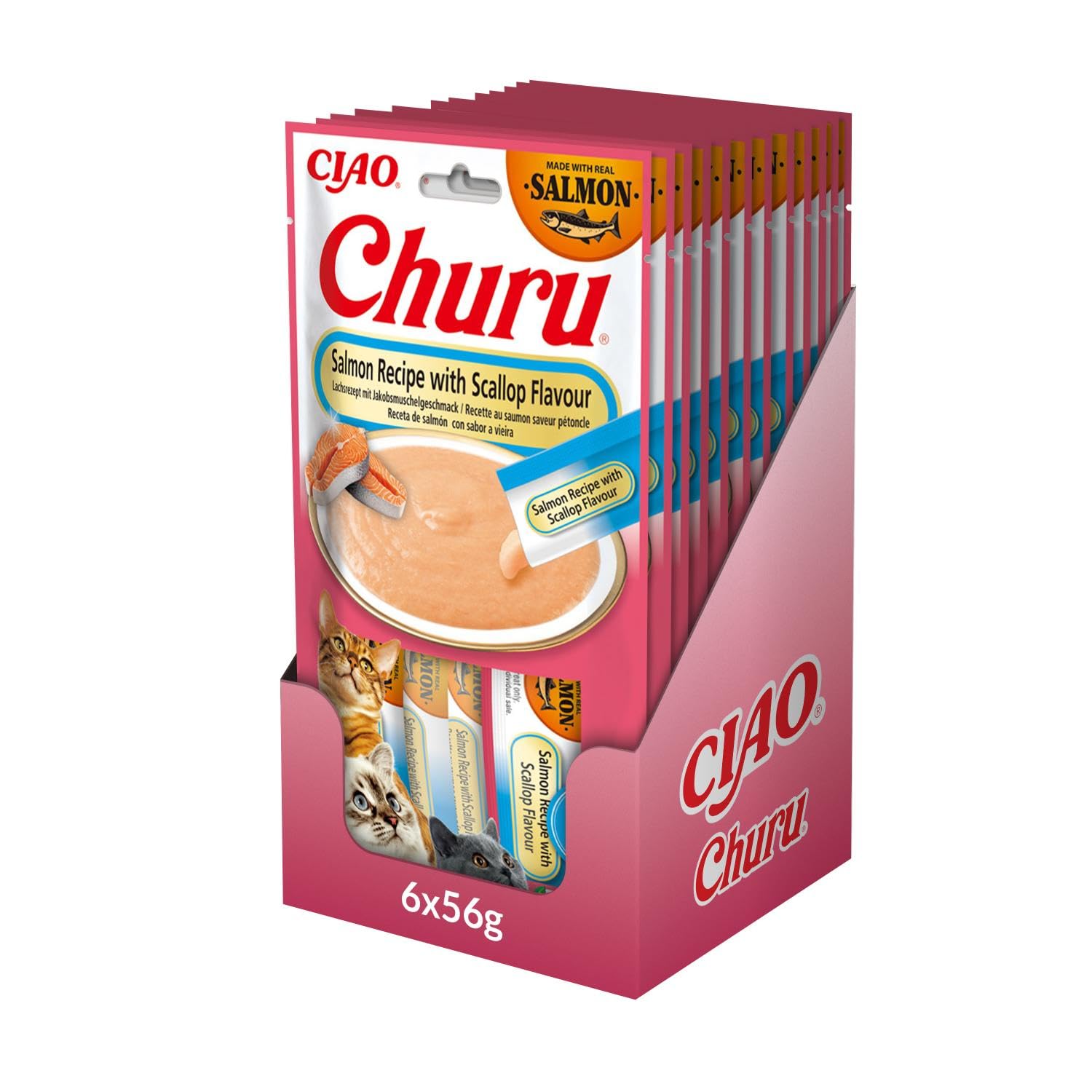INABA Churu Sticks Cat Treat - Salmon with Scallop - 12 Pack (48 x 14g) / Soft & Creamy Cat Treat, Delicious & Healthy Snack, Lickable Sticks, Hand Feeding, Natural, Grain Free, High in Moisture