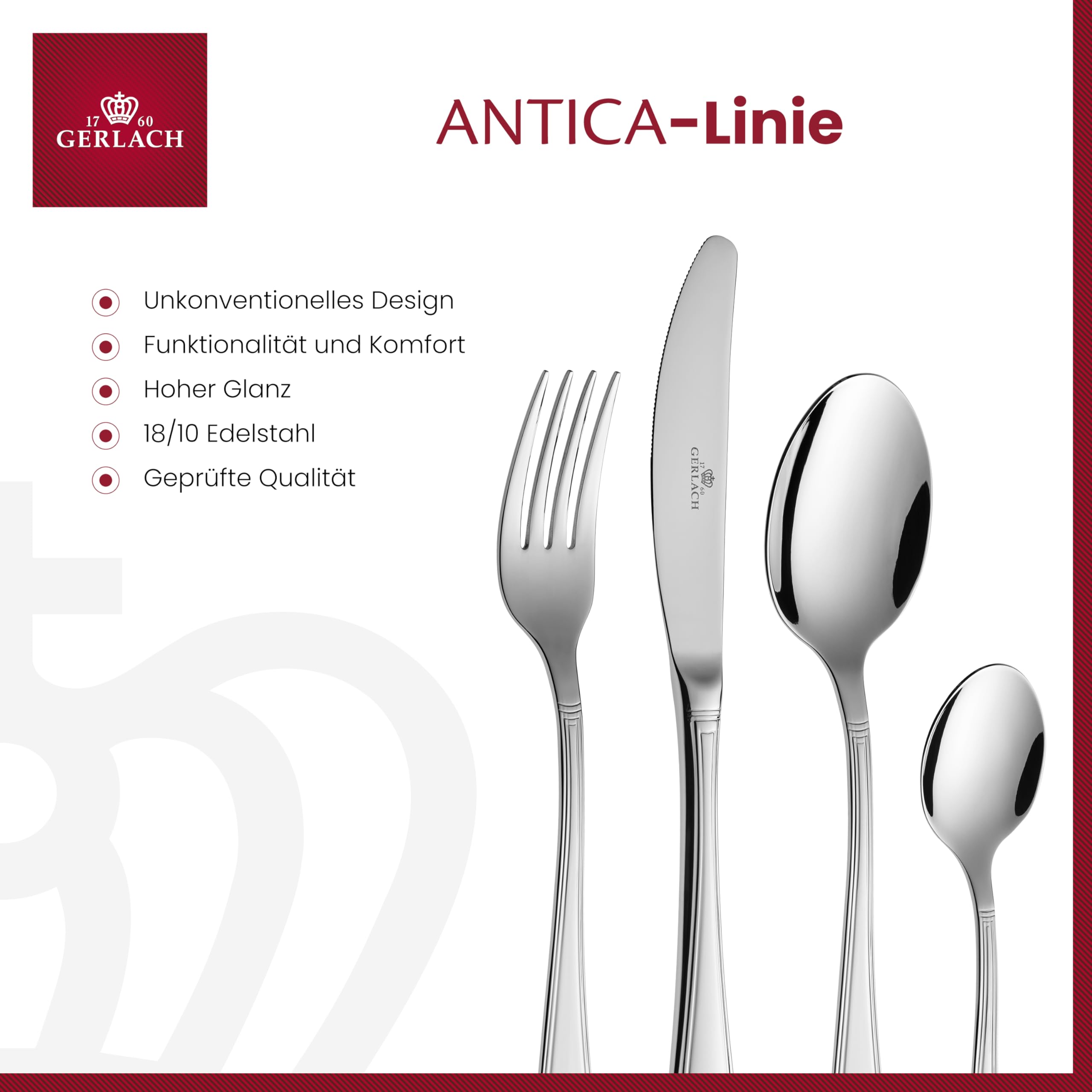 Gerlach 1760 Antica Besteck-Set 6 Personen Spülmaschinenfest Essbesteck Edelstahl Elegantes Besteck Messer Gabel Löffel Teelöffel Tafelbesteck Rostfrei 24 Stk