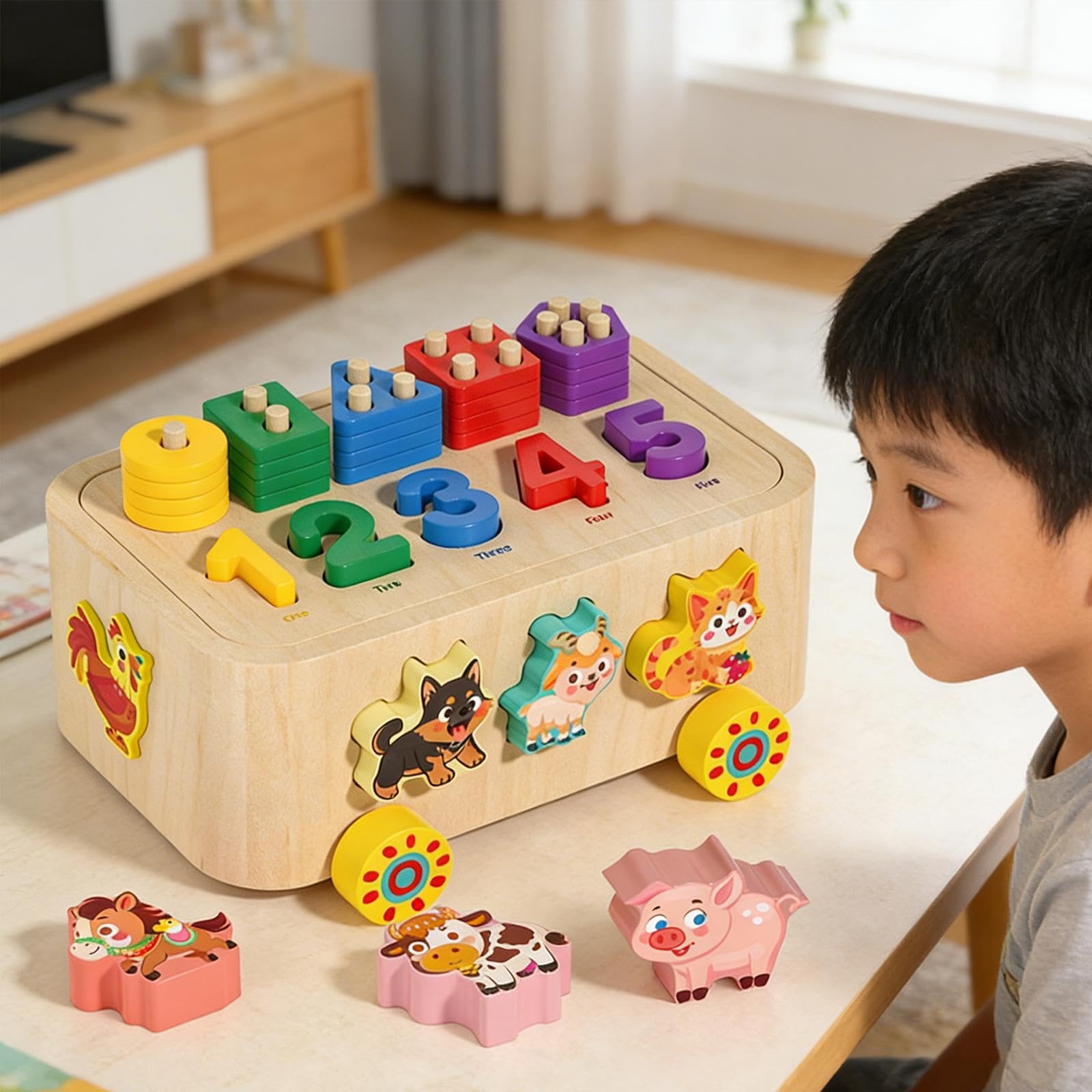Blocchi Da Costruzione, Animali, Auto, Sviluppo Sensoriale, Giocattolo Impilabile in Legno per Bambini