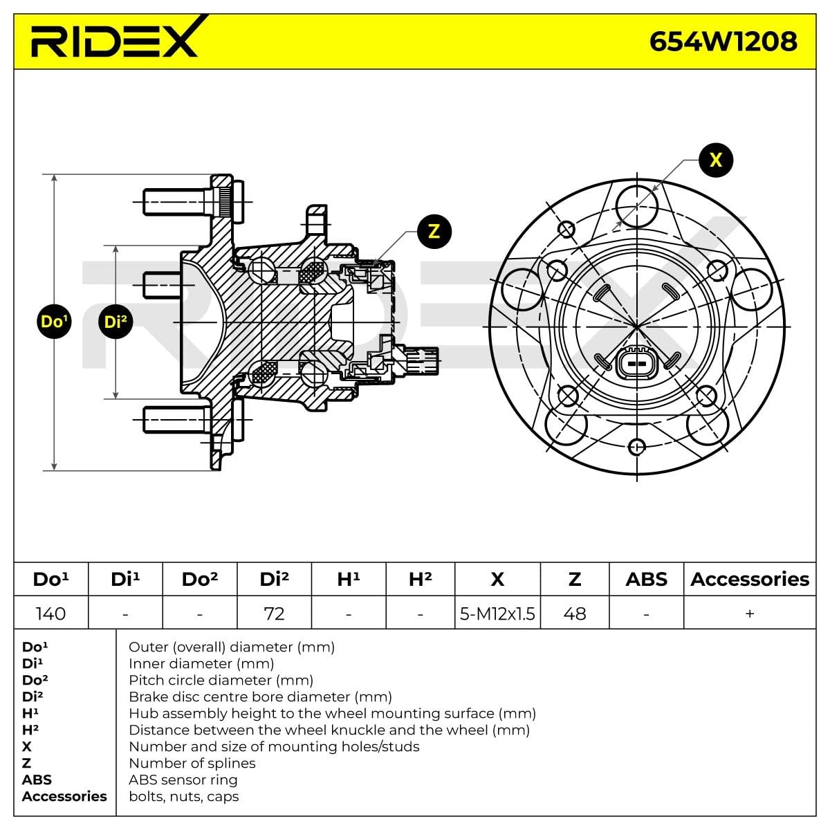 RIDEX 654W1208 Juego de cojinete de rueda Delantero, ambos lados Rodamiento integrado en buje de rueda Compatible con MAZDA RX-8 SE, FE