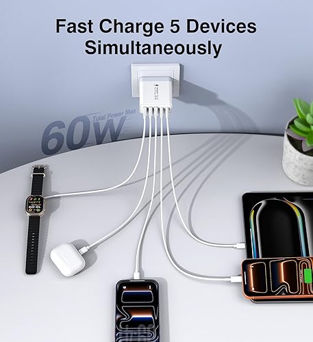 Miniatura 4 de [Paquete de 2] Cargador de pared USB C, bloque de cargador USB C rápido de 50 W, adaptador de corriente PD de 5 puertos + enchufe de pared QC Blanco