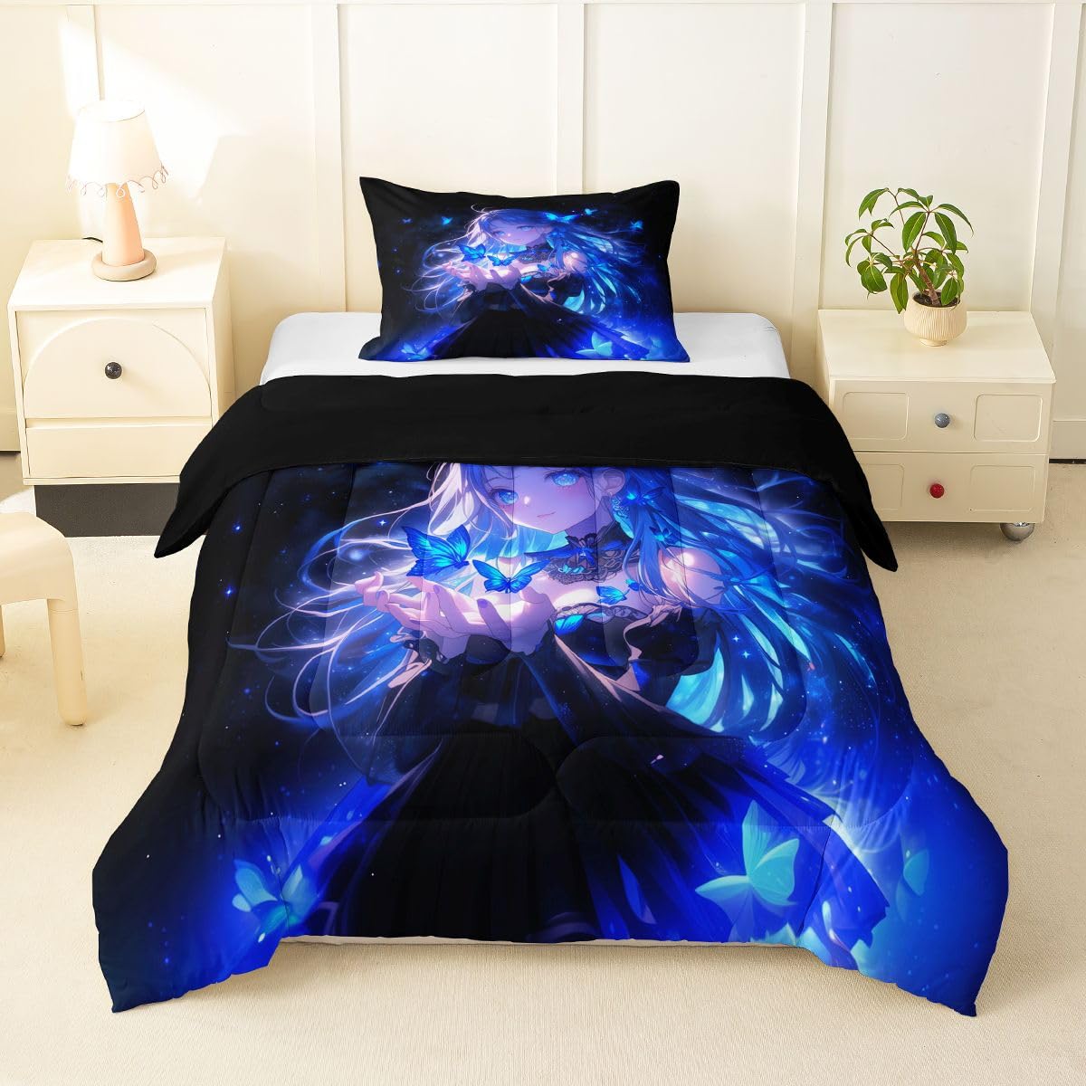 Erosebridal 3D Japanese Girl Kids Comforter Set | Blue Butterfly Decorations Bedding Twin Size Cartoon Down Comforter Anime Gifts for Her Duvet Set for Bedroom