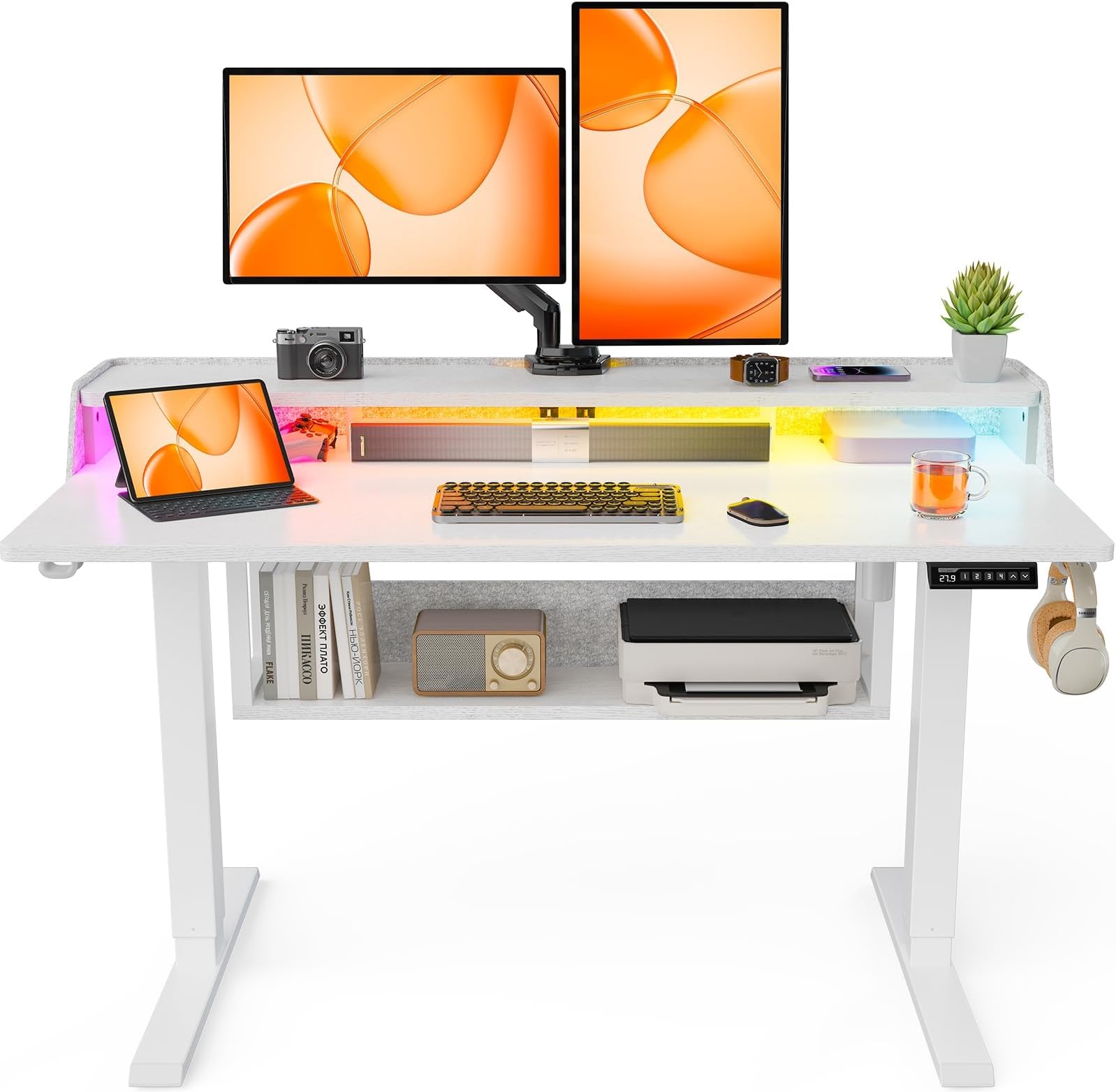 ErGear Electric Standing Desk, 48x24 Inch Adjustable Sit Stand Desk with Bookshelf & Monitor Stand, Standing Gaming Desk with LED Light Strip, Stand Up Desk for Home Office, White