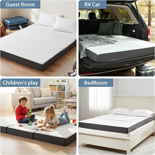 Miniatura 5 de Colchón plegable, tamaño Queen, colchón de espuma viscoelástica de triple pliegue de 6 pulgadas y tapete para dormir con funda extraíble, lavable y