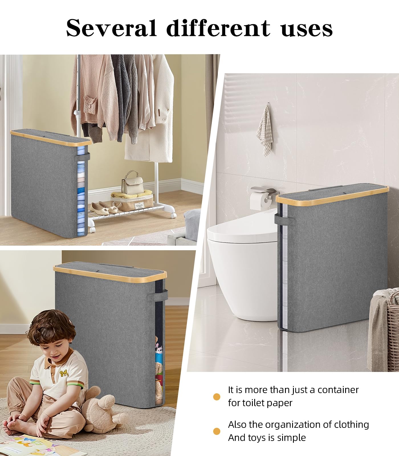 Cesto portaoggetti pieghevole per carta igienica, con coperchio e manico, per 15-20 rotoli, impermeabile, autoportante, per bagno, contenitore per carta igienica per armadio camper (grande, grigio)