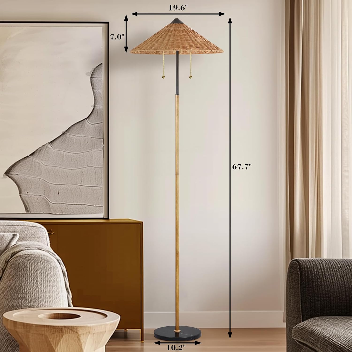 68'' Tall 2-Light Natural Wicker Floor Lamp,2x E26 Sockets, Independent Dual-Pull Chains,Marble Base,Hand-Woven Rattan Lamp Shade,Metal Pole With Wooden Finish,Standing Lamp(Bulbs NOT Included)
