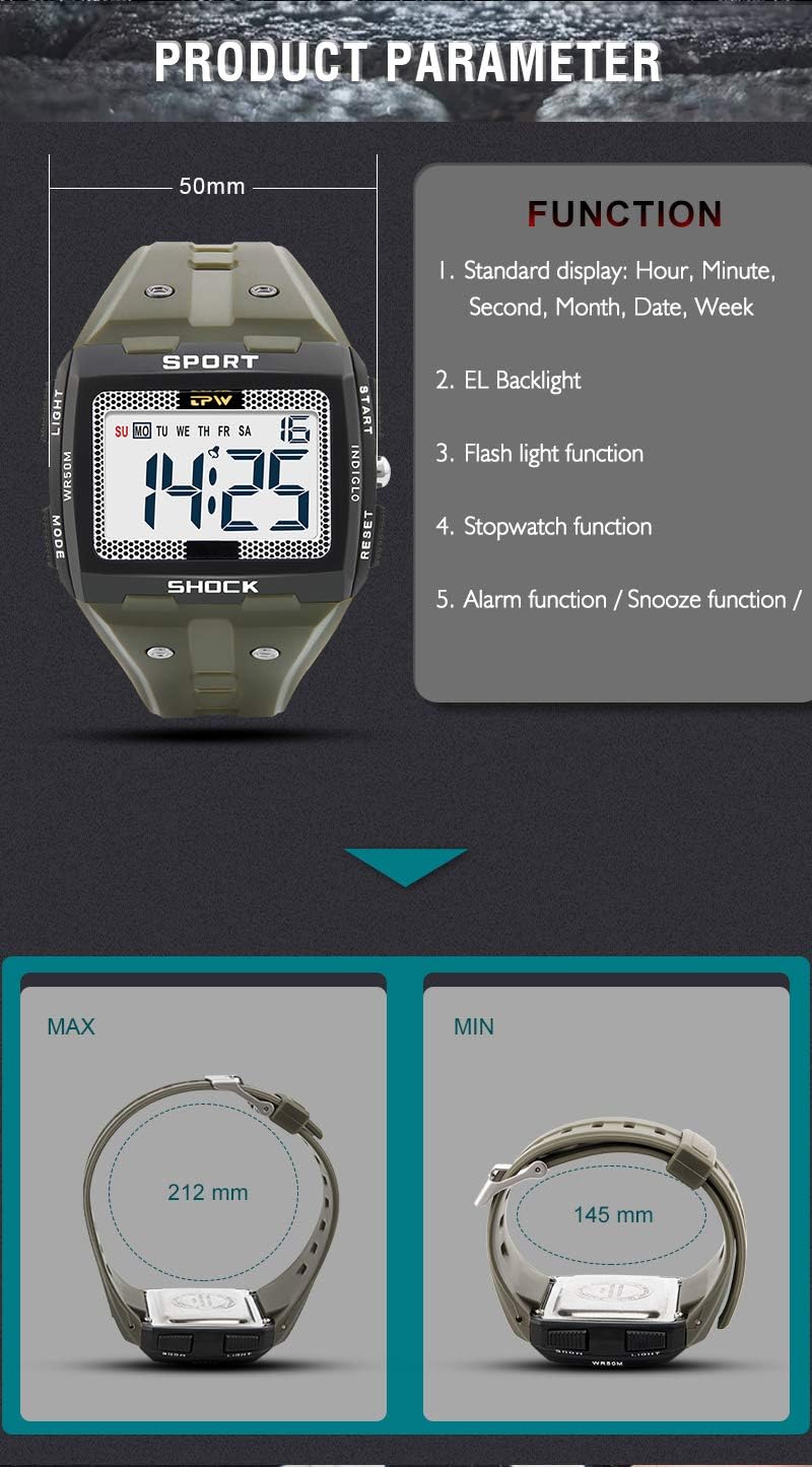 Gosasa Men's Multifunction Digital Watches Outdoor Sport Wristwatch Date Alarm Waterproof Casual Watch for Male Stopwatch Week Display