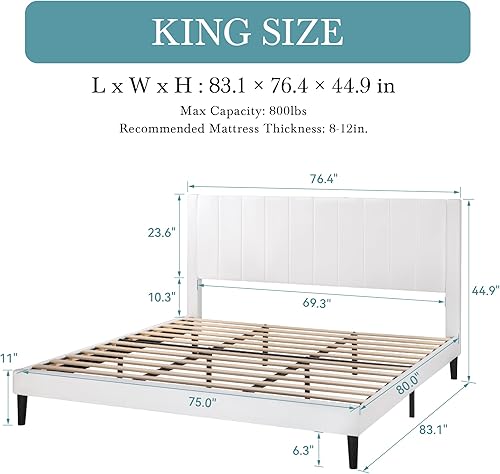 Miniatura 60 de HOOMIC Base de cama de plataforma de tamaño matrimonial con cabecera de canal vertical tapizada de terciopelo de felpa, no necesita somier, fácil
