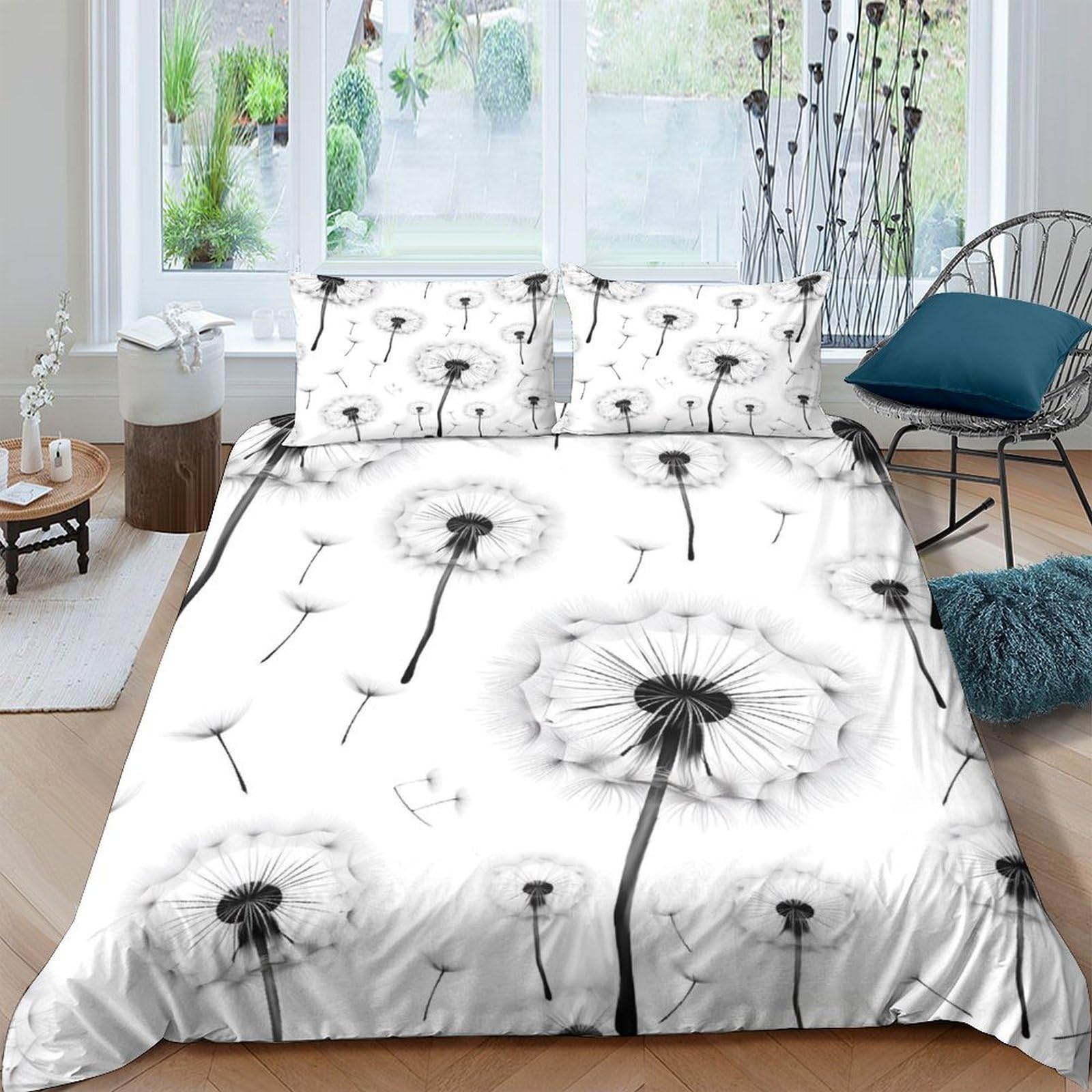 GPLZQXKJNH 3D Printed Dandelion Floral Duvet Cover Microfiber Soft Breathable Wind Blown Quilt Cover Set with 2 Pillowcases for Bedroom Decor Single（135x200cm）